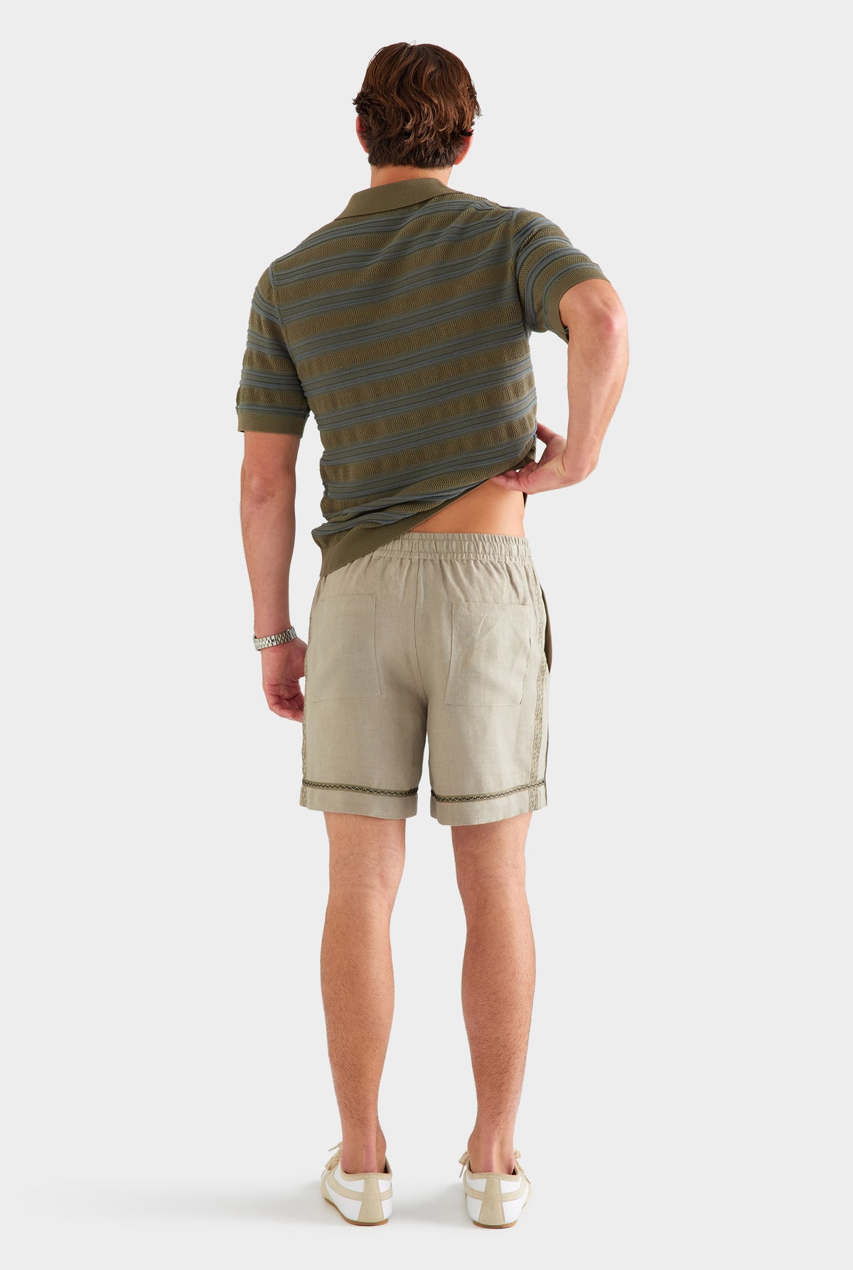 Woven Tape Linen Lounge Short - Olive Taupe [[SU26 - MENS - D1 - 33116 - Stripe Ottoman Rib Polo - Olive-Slate Blue - 34084 - Woven Tape Linen Lounge Short - Olive Taupe_0391.jpg]]