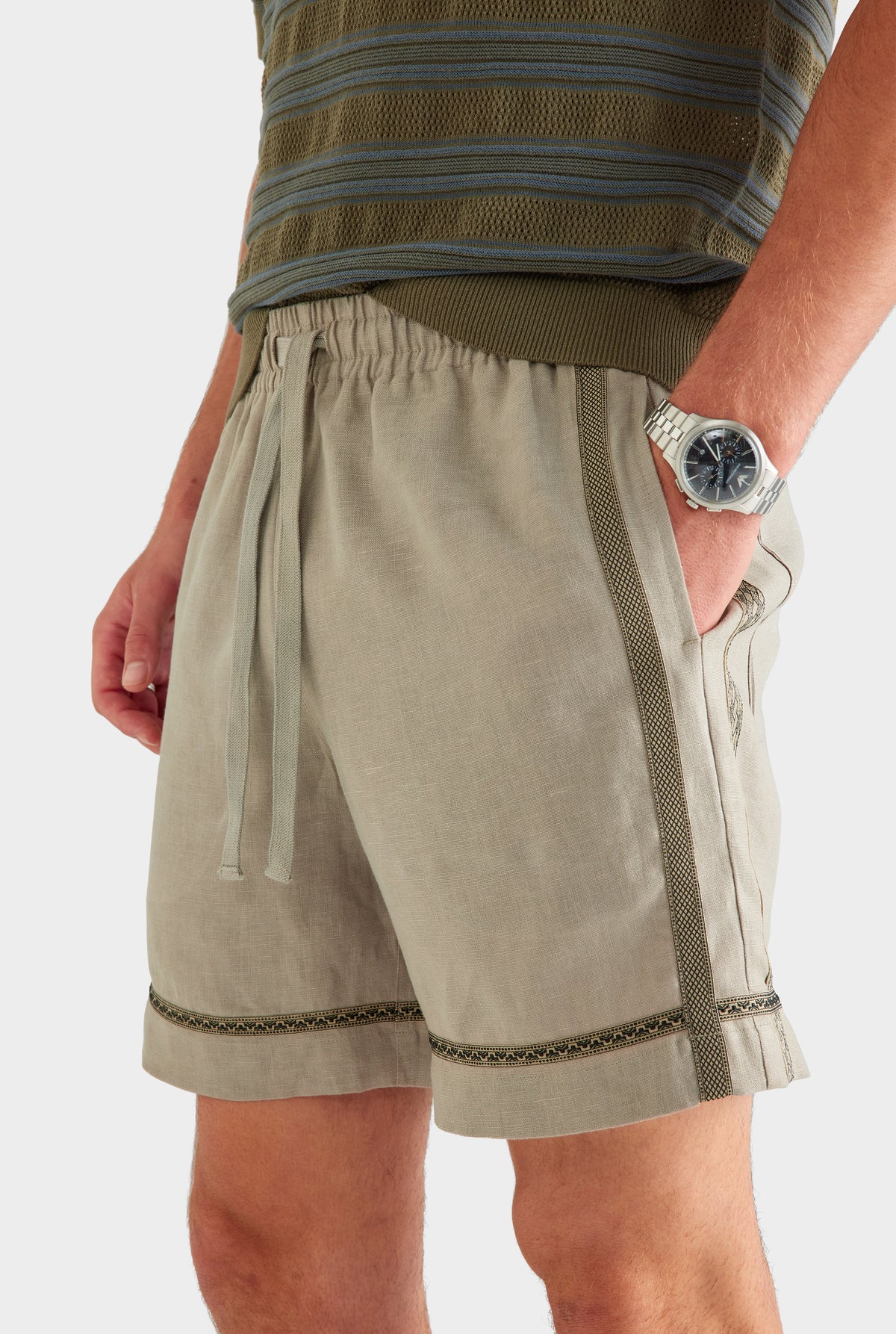 Woven Tape Linen Lounge Short - Olive Taupe [[SU26 - MENS - D1 - 33116 - Stripe Ottoman Rib Polo - Olive-Slate Blue - 34084 - Woven Tape Linen Lounge Short - Olive Taupe_0395.jpg]]