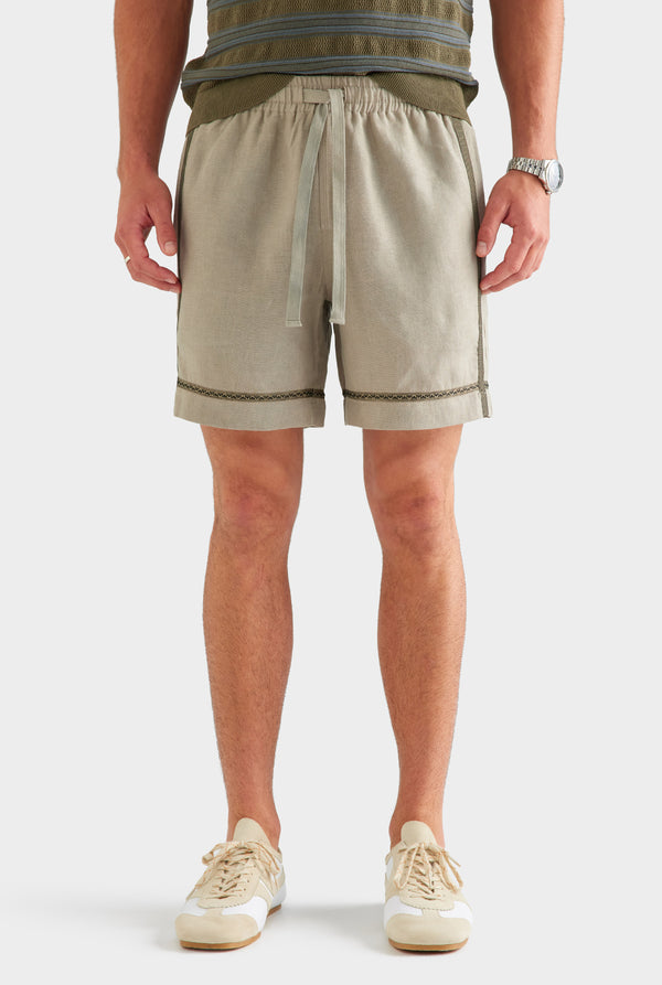 Woven Tape Linen Lounge Short - Olive Taupe [[SU26 - MENS - D1 - 33116 - Stripe Ottoman Rib Polo - Olive-Slate Blue - 34084 - Woven Tape Linen Lounge Short - Olive Taupe_0396.jpg]]