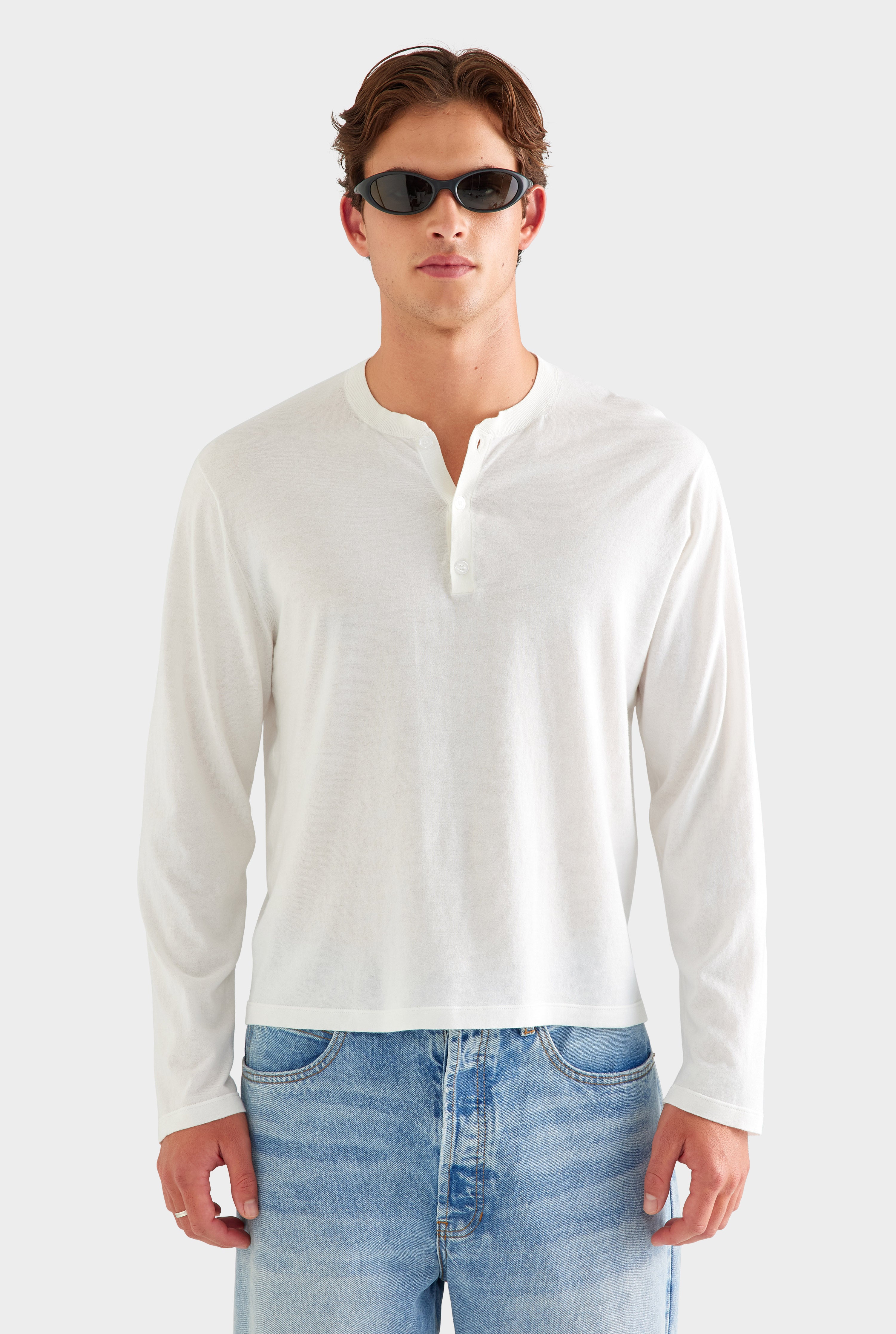 Long Sleeve Lightweight Knitted Henley - Off White