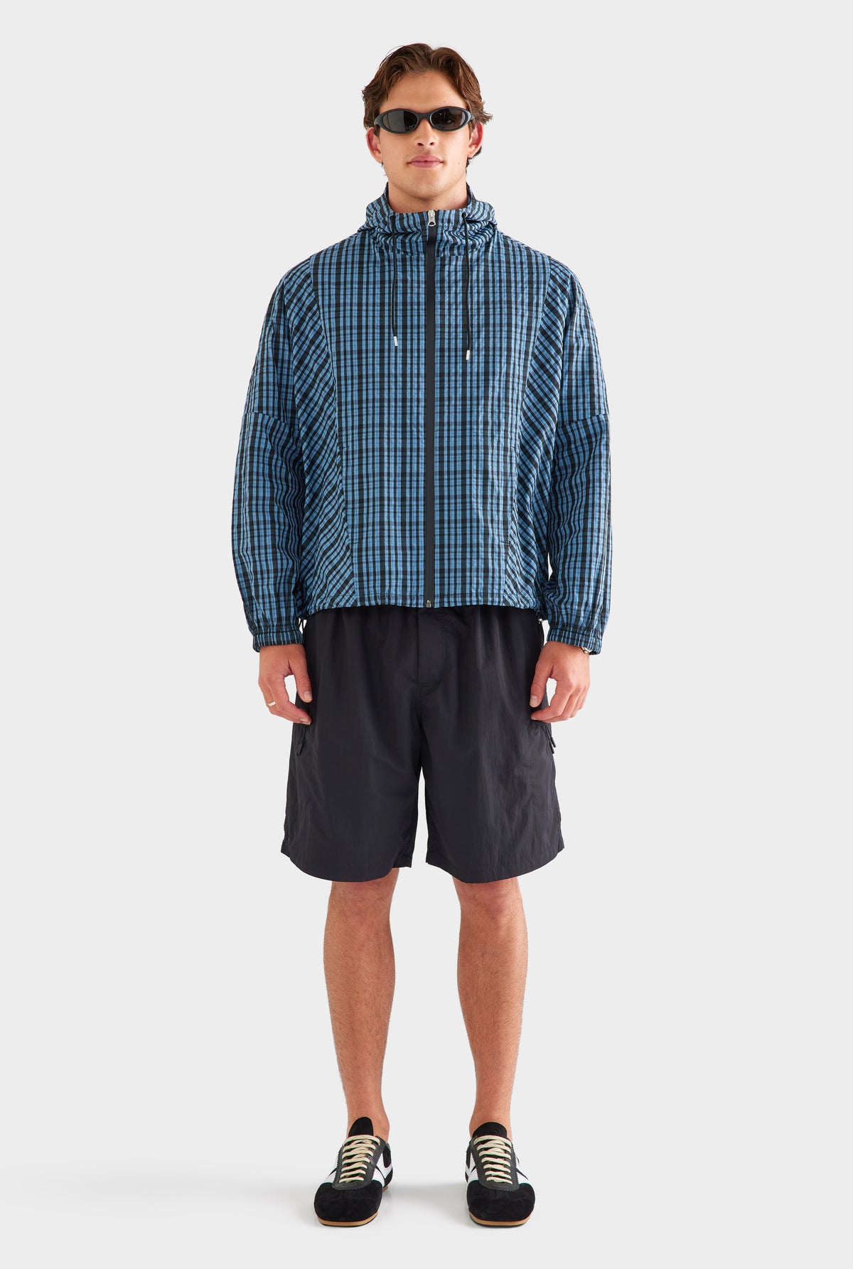 Check Hooded Windbreaker - Blue Check