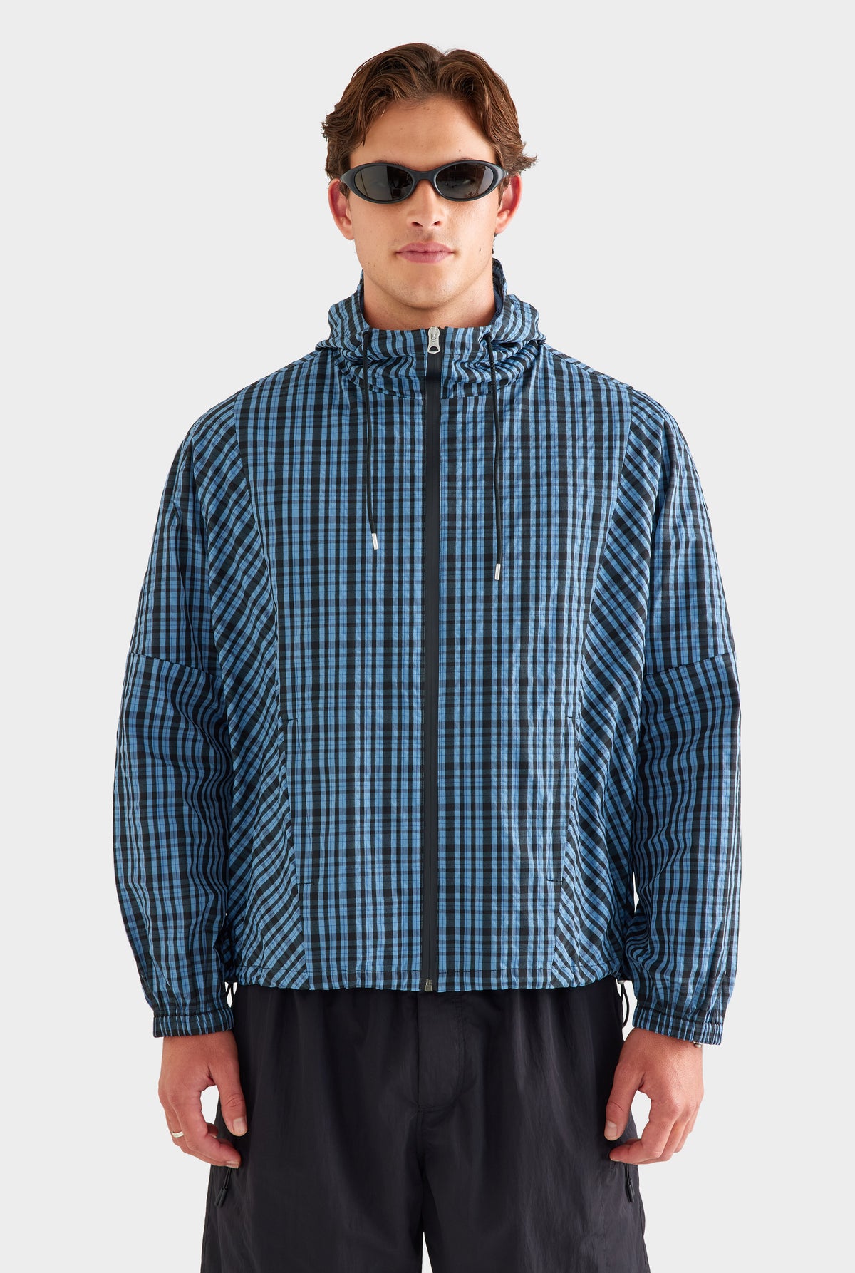 Check Hooded Windbreaker - Blue Check