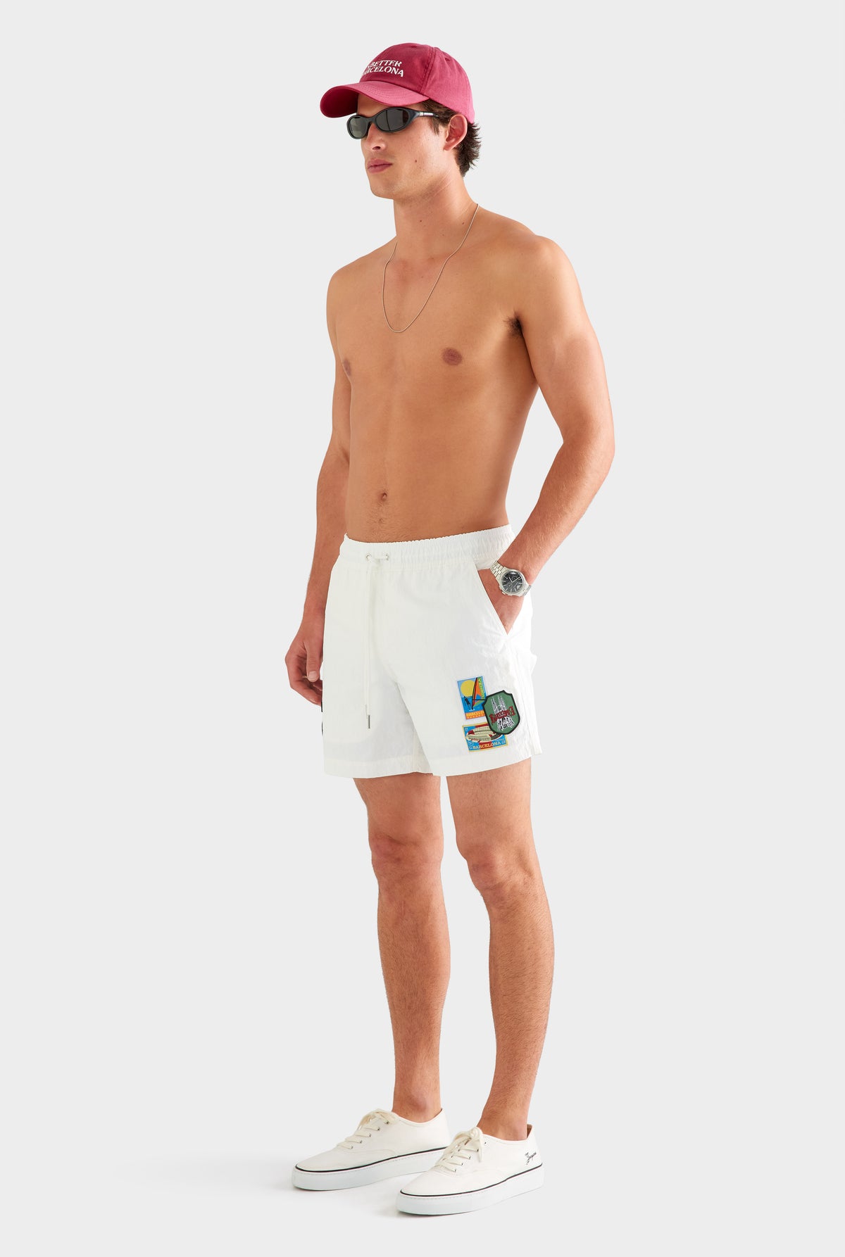 Nylon Swim Short - White/Travel Stickers [[SU26 - MENS - D2 - 31012 - Nylon Swim Short - White-Travel Stickers_0301.jpg]]
