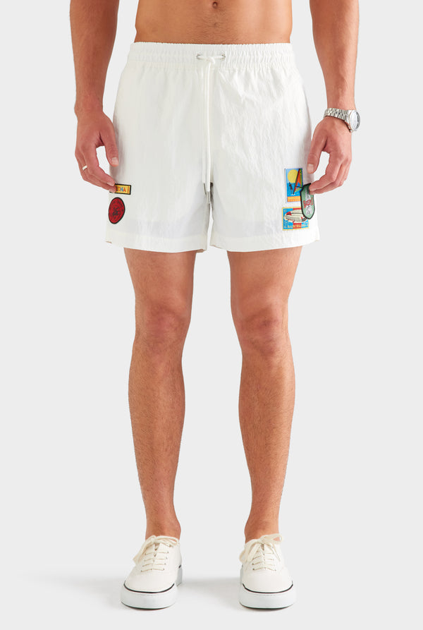 Nylon Swim Short - White/Travel Stickers [[SU26 - MENS - D2 - 31012 - Nylon Swim Short - White-Travel Stickers_0305.jpg]]