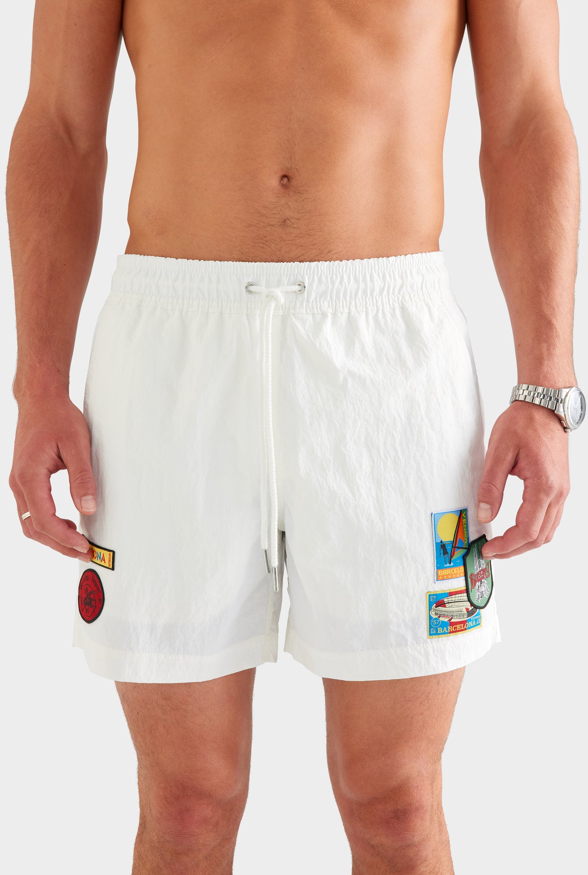 Nylon Swim Short - White/Travel Stickers [[SU26 - MENS - D2 - 31012 - Nylon Swim Short - White-Travel Stickers_0306.jpg]]