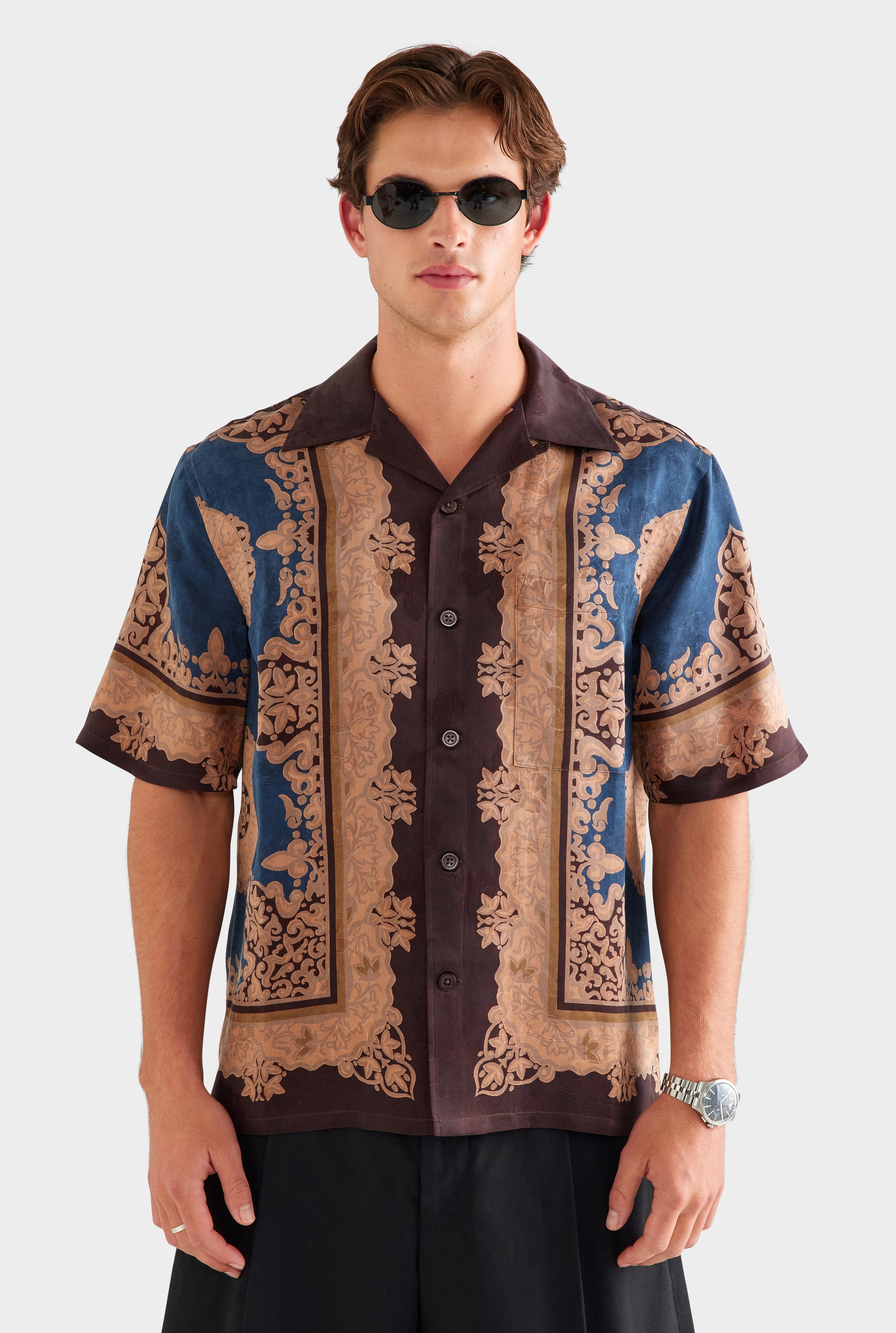 Short Sleeve Silk Jacquard Camp Collar Shirt - Mud Dye Tapestry [[SU26 - MENS - D2 - 32130 - SS Silk Jacquard Camp Collar Shirt - Mud Dye Tapestry_0625.jpg]]