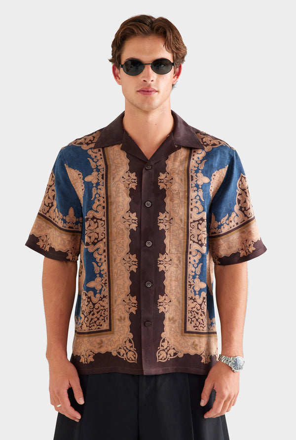 Short Sleeve Silk Jacquard Camp Collar Shirt - Mud Dye Tapestry [[SU26 - MENS - D2 - 32130 - SS Silk Jacquard Camp Collar Shirt - Mud Dye Tapestry_0625.jpg]]