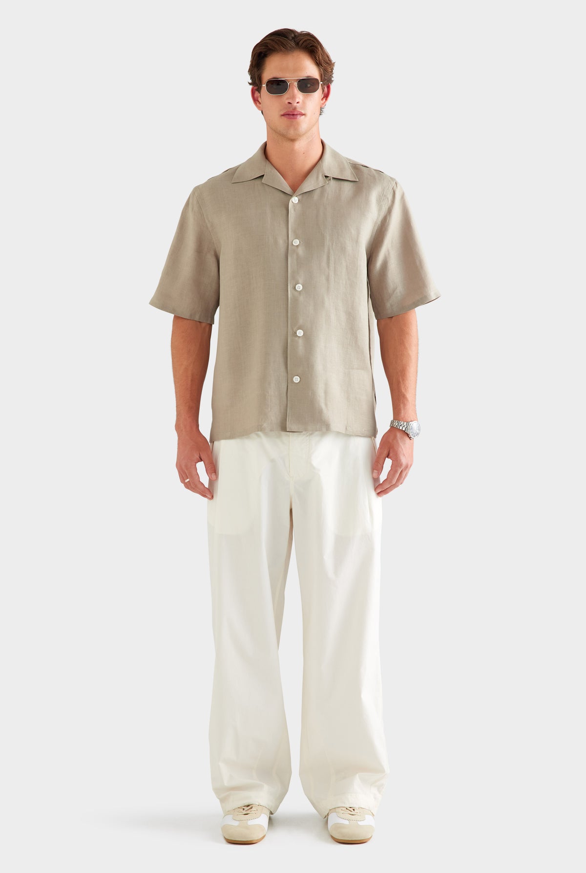 Linen Camp Collar Shirt - Olive Taupe [[SU26 - MENS - D2 - 32131 - Linen Camp Collar Shirt - Olive Taupe_0481.jpg]]