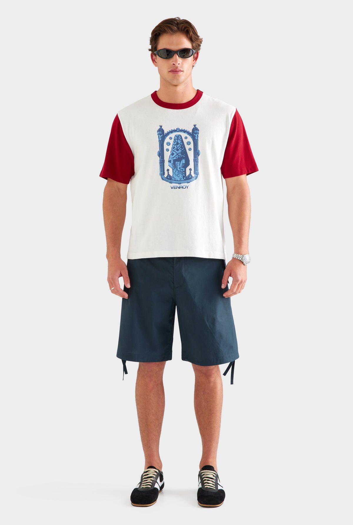 Contrast Cotton Linen Tee - White/Sangria [[SU26 - MENS - D2 - 32163 - Contrast Cotton Linen Tee - White-Sangria - 34077 - Cotton Poplin Parachute Short - Navy-Grey Marl-White_0676.jpg]]