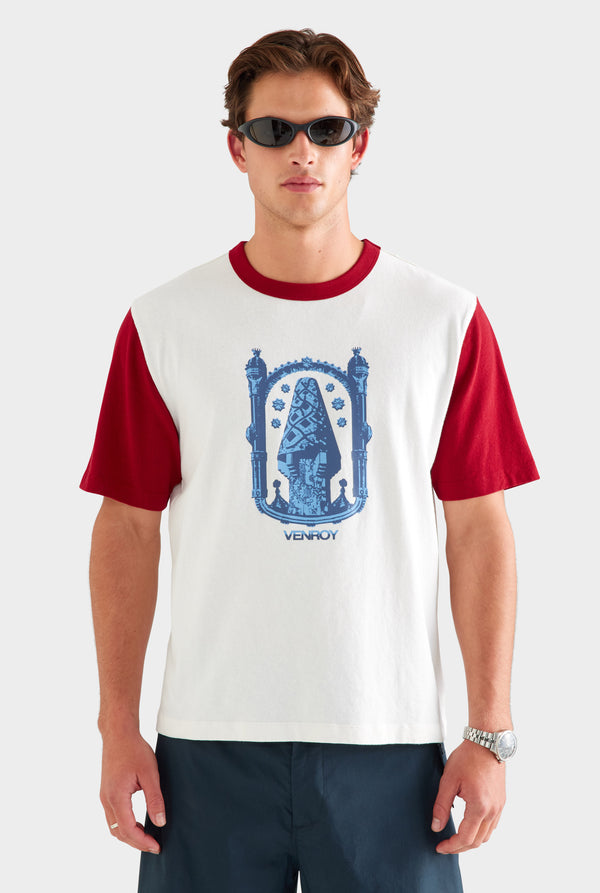 Contrast Cotton Linen Tee - White/Sangria [[SU26 - MENS - D2 - 32163 - Contrast Cotton Linen Tee - White-Sangria - 34077 - Cotton Poplin Parachute Short - Navy-Grey Marl-White_0677.jpg]]