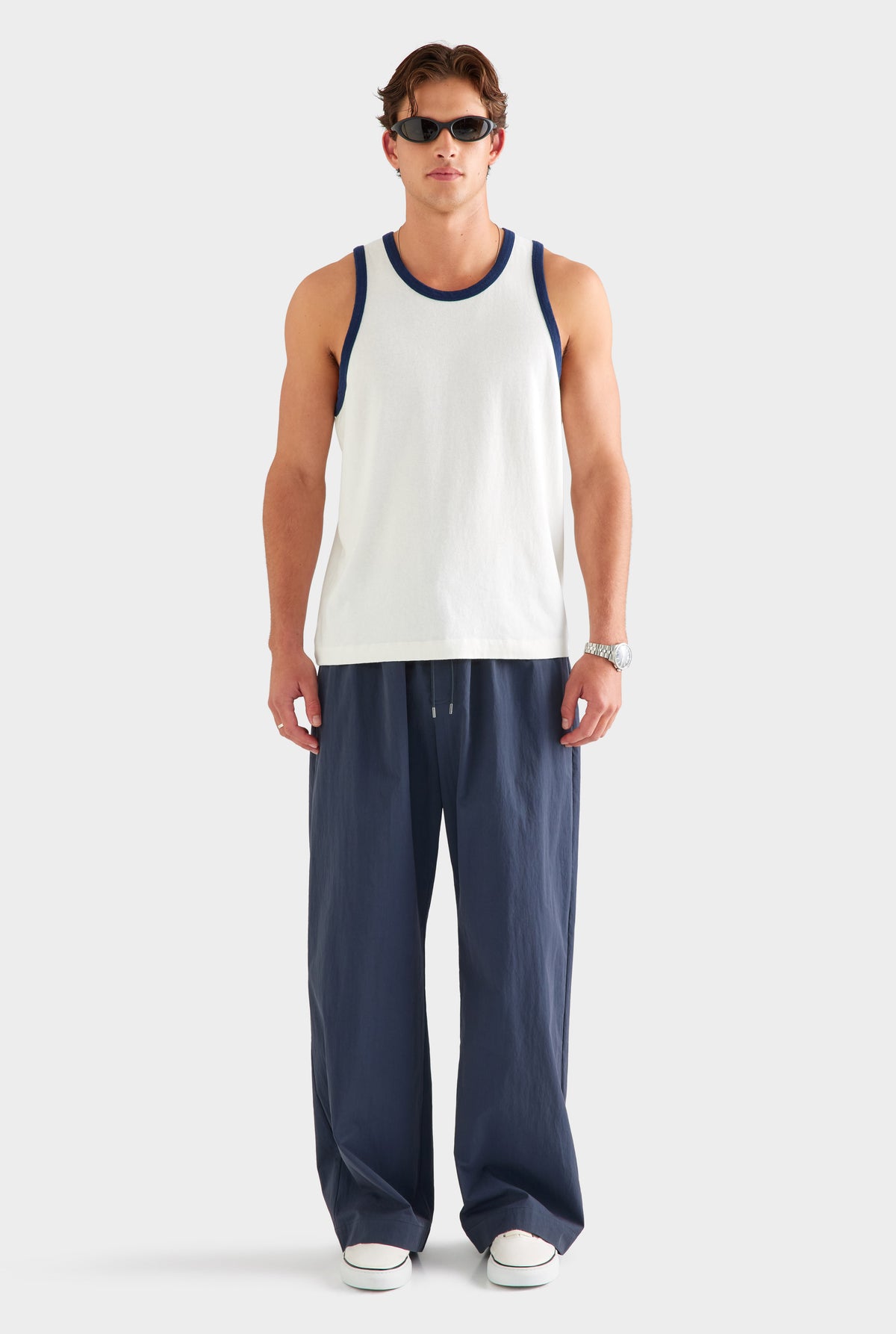Contrast Cotton Linen Tank - White/Navy [[SU26 - MENS - D2 - 32181 - Contrast Cotton Linen Tank - White-Navy - 35090 - Cotton Twill Elasticated Baggy Pant - Navy_0404.jpg]]