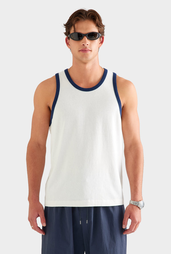 Contrast Cotton Linen Tank - White/Navy [[SU26 - MENS - D2 - 32181 - Contrast Cotton Linen Tank - White-Navy - 35090 - Cotton Twill Elasticated Baggy Pant - Navy_0412.jpg]]