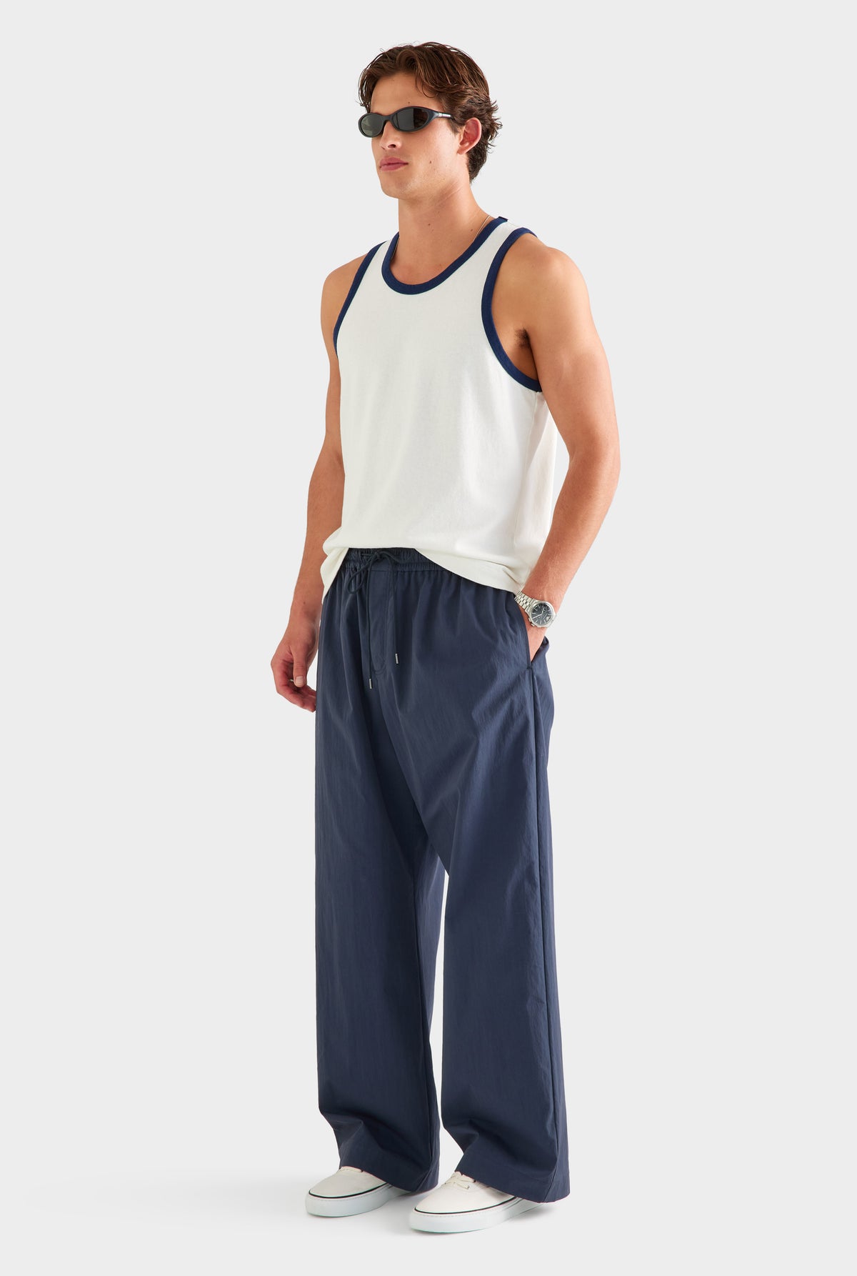 Cotton Twill Elasticated Baggy Pant - Navy