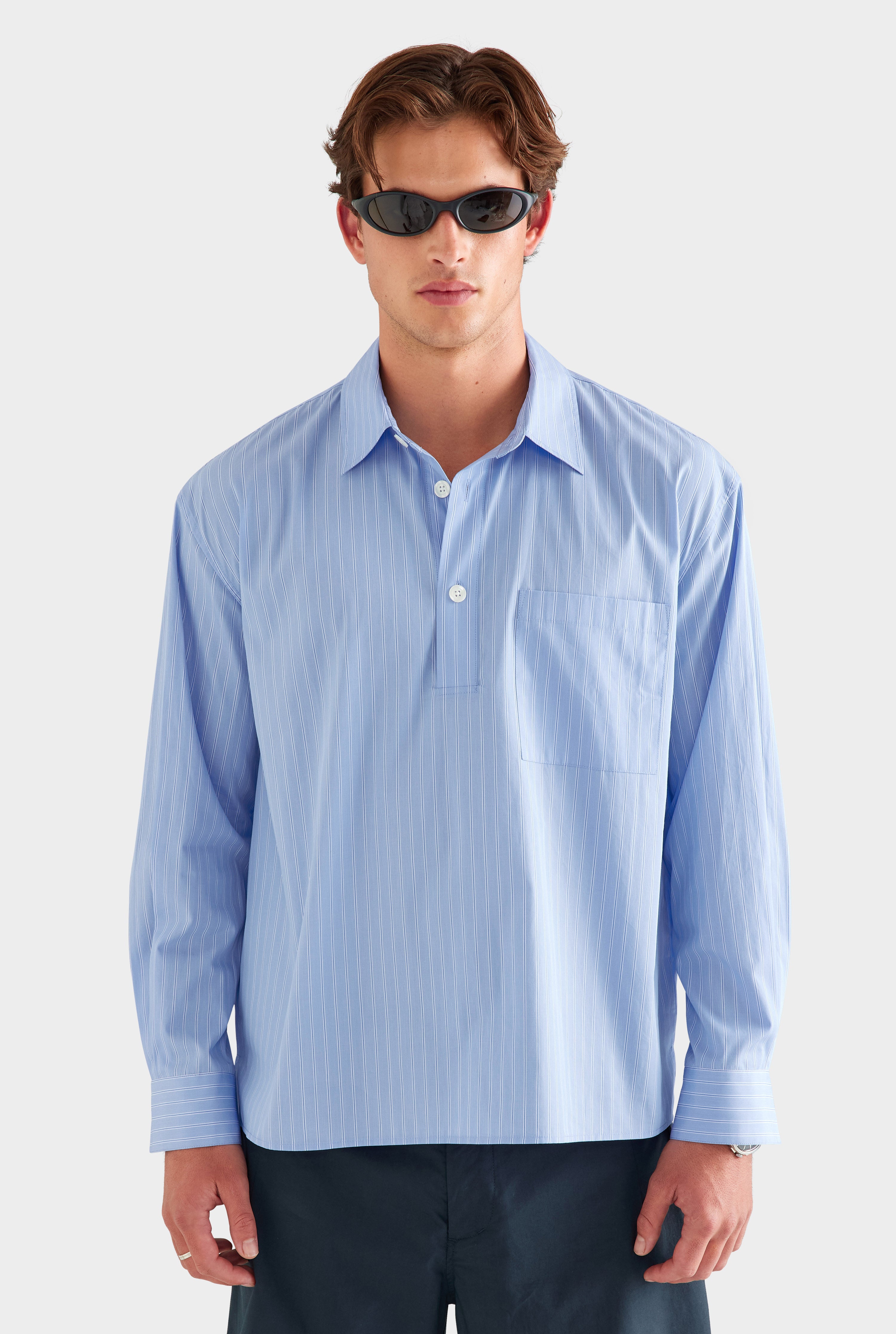 Cotton Stripe Popover Shirt - Blue/White Stripe [[SU26 - MENS - D2 - 32184 - Half Placket Cotton Stripe Overshirt - Blue-White Stripe_0699.jpg]]