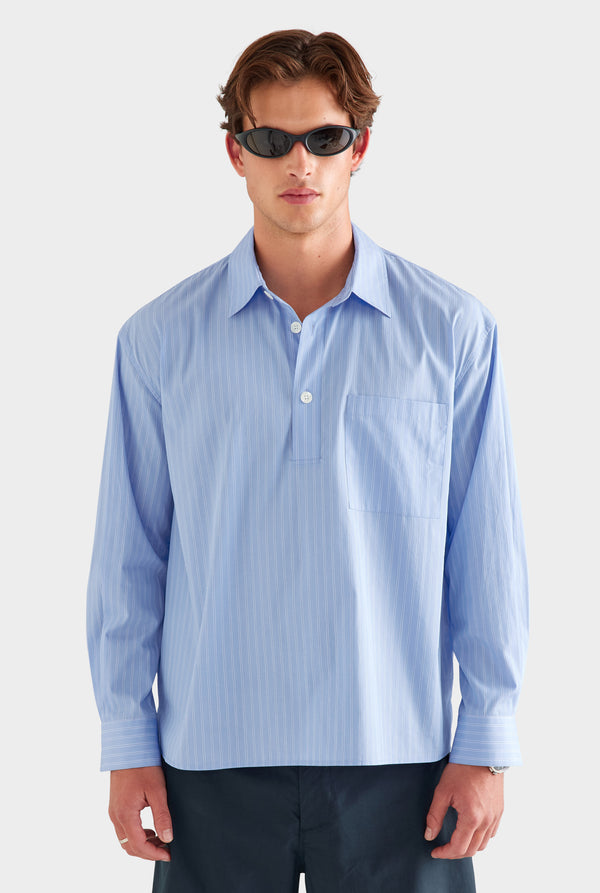 Cotton Stripe Popover Shirt - Blue/White Stripe [[SU26 - MENS - D2 - 32184 - Half Placket Cotton Stripe Overshirt - Blue-White Stripe_0699.jpg]]