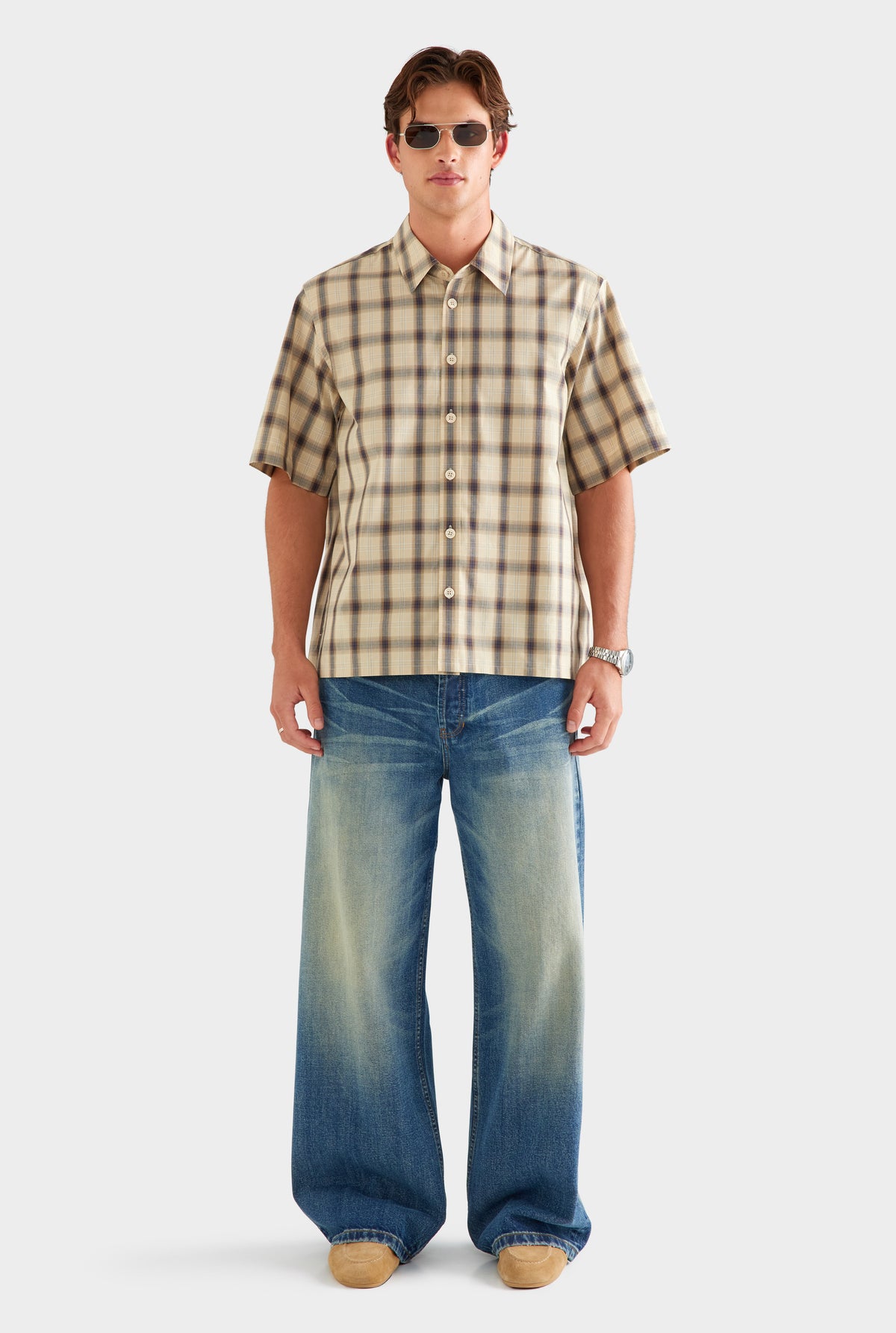 Oversized Check Short Sleeve Shirt - Beige Check [[SU26 - MENS - D2 - 32195 - Oversized Check SS Shirt - Beige Check_0320.jpg]]