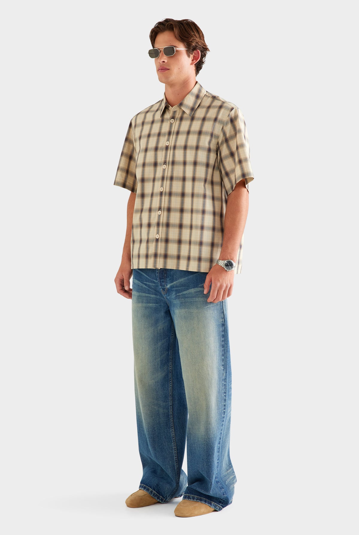 Oversized Check Short Sleeve Shirt - Beige Check [[SU26 - MENS - D2 - 32195 - Oversized Check SS Shirt - Beige Check_0321.jpg]]