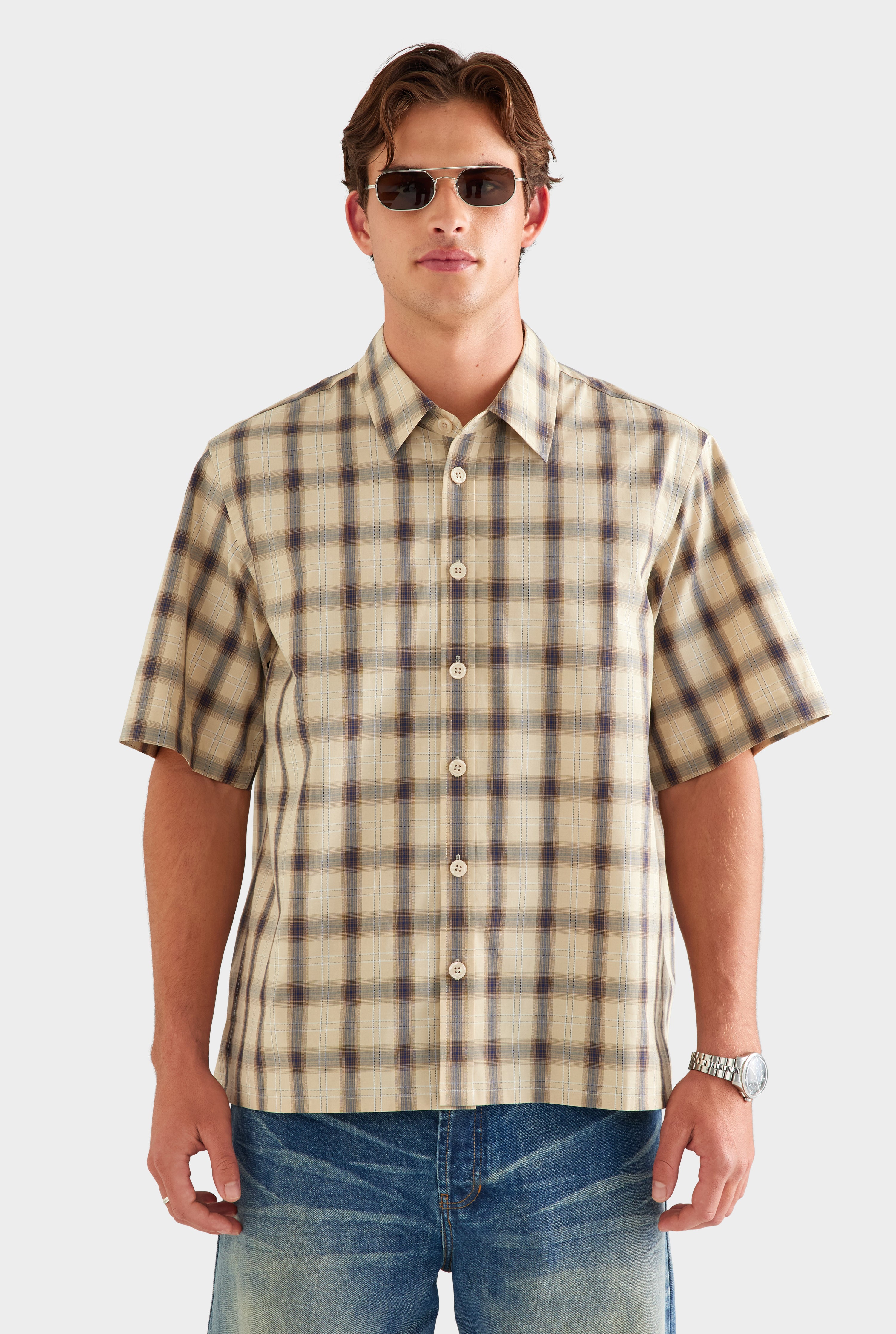 Oversized Check Short Sleeve Shirt - Beige Check [[SU26 - MENS - D2 - 32195 - Oversized Check SS Shirt - Beige Check_0325.jpg]]