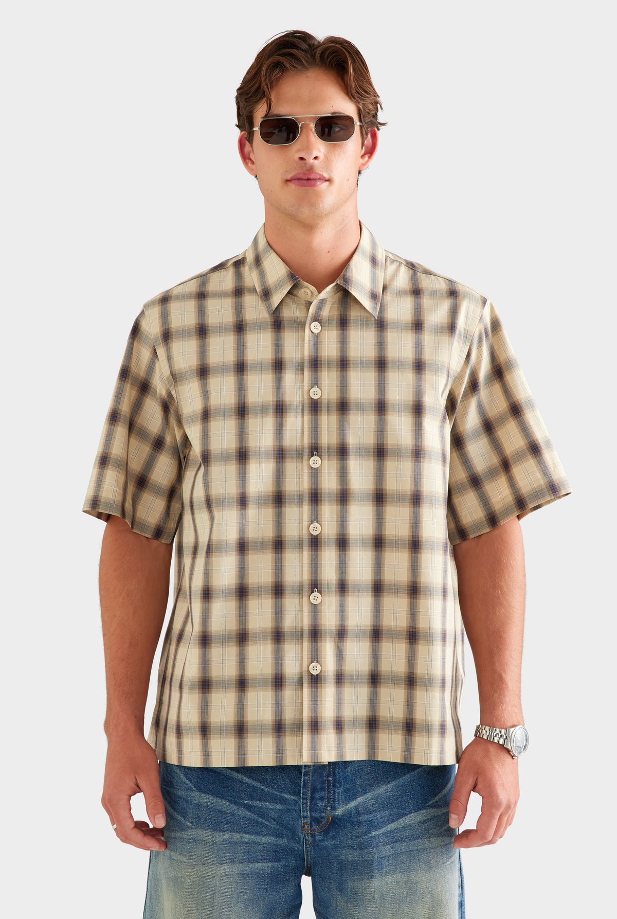 Oversized Check Short Sleeve Shirt - Beige Check [[SU26 - MENS - D2 - 32195 - Oversized Check SS Shirt - Beige Check_0325.jpg]]