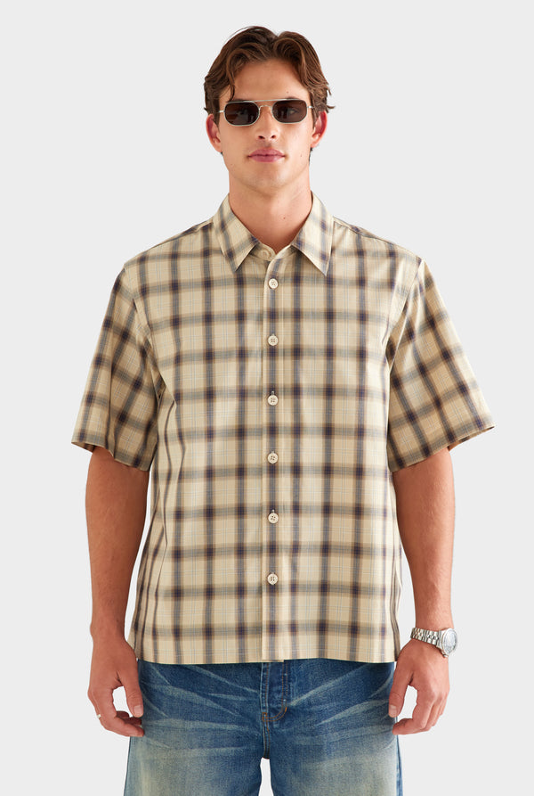 Oversized Check Short Sleeve Shirt - Beige Check [[SU26 - MENS - D2 - 32195 - Oversized Check SS Shirt - Beige Check_0325.jpg]]