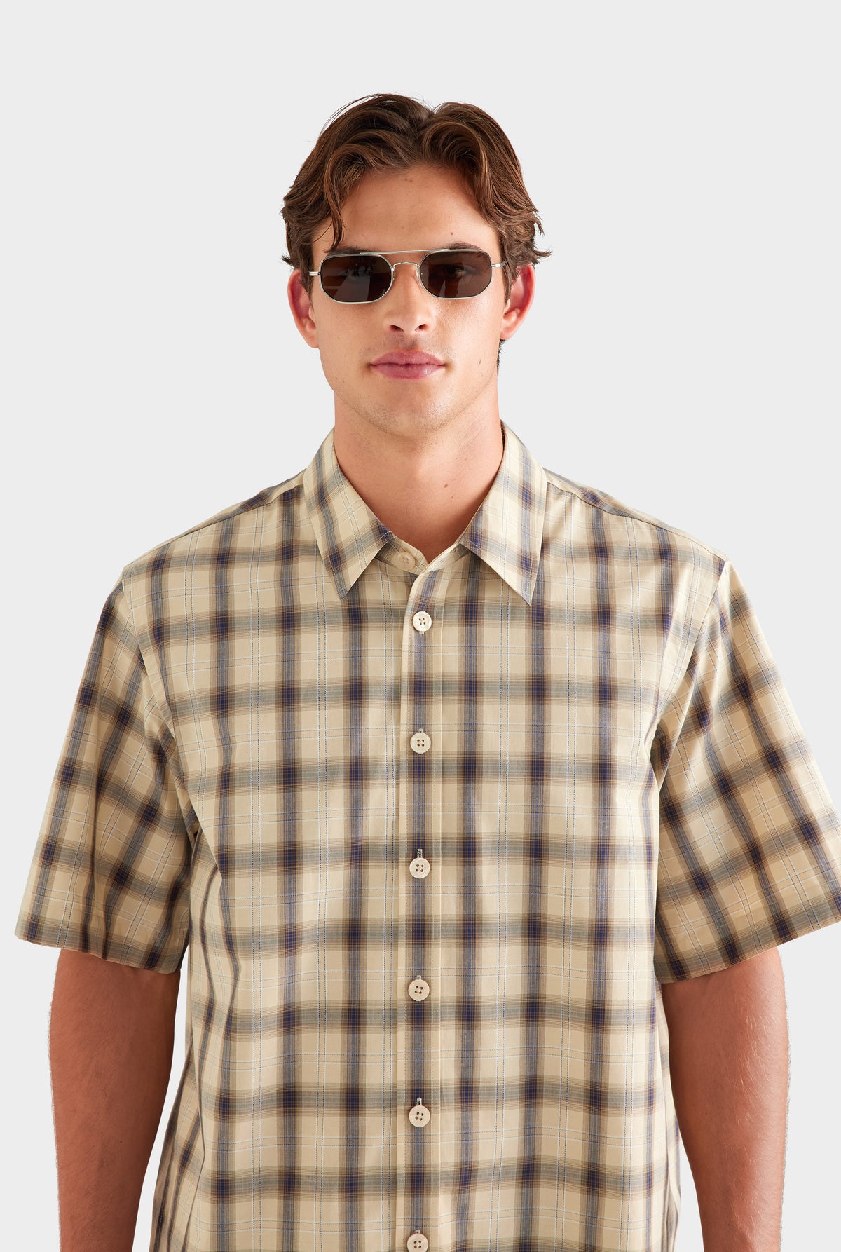 Oversized Check Short Sleeve Shirt - Beige Check [[SU26 - MENS - D2 - 32195 - Oversized Check SS Shirt - Beige Check_0326.jpg]]