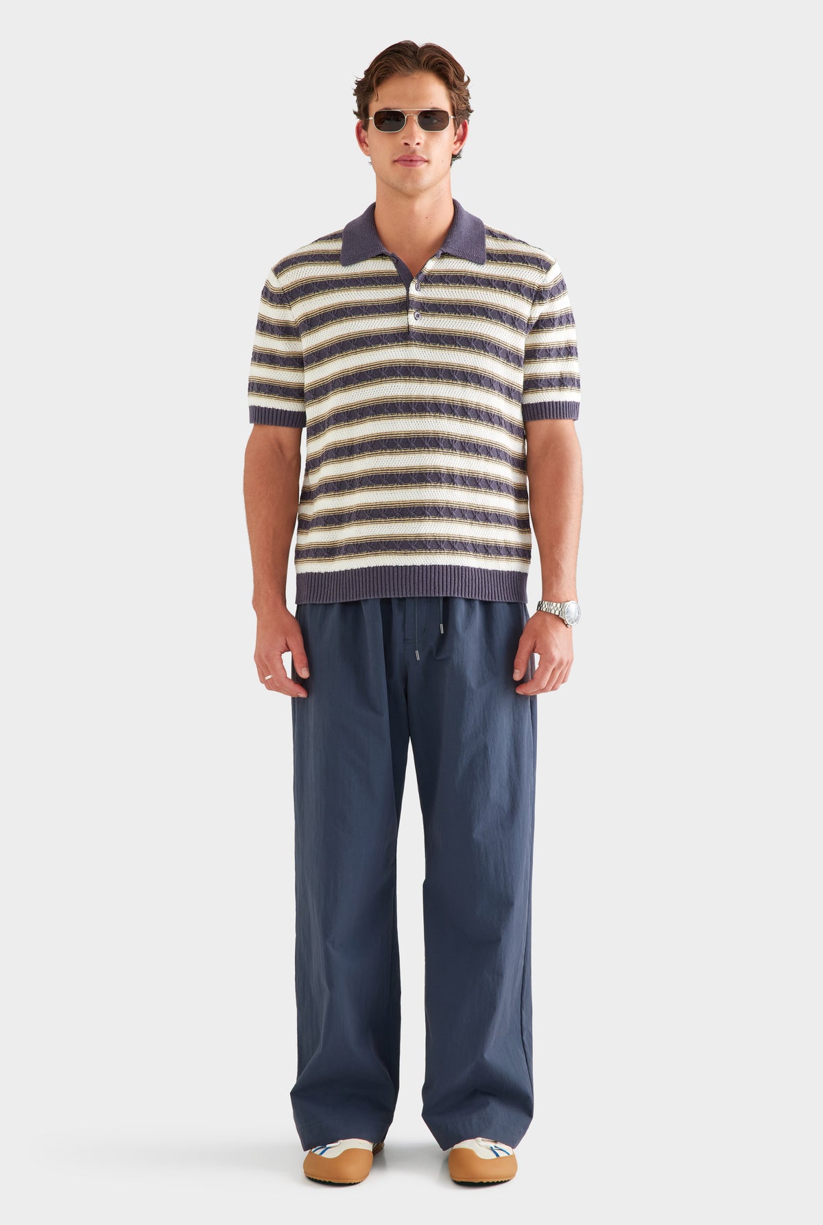 Textured Cotton Linen Knit Polo - Off White/Navy/Pale Yellow [[SU26 - MENS - D2 - 33093 - Textured Cotton Linen Knit Polo - Off White-Navy-Pale Yellow_0471.jpg]]