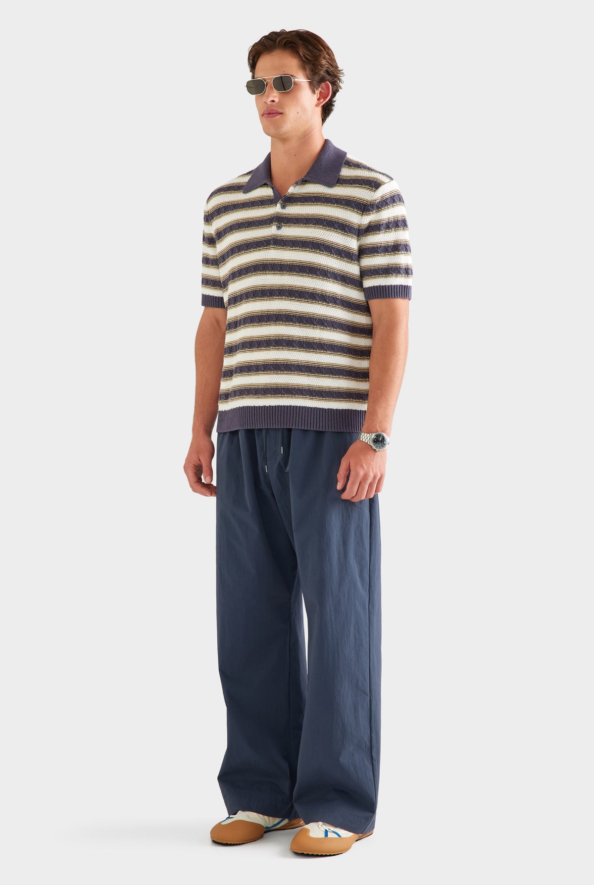 Textured Cotton Linen Knit Polo - Off White/Navy/Pale Yellow [[SU26 - MENS - D2 - 33093 - Textured Cotton Linen Knit Polo - Off White-Navy-Pale Yellow_0472.jpg]]