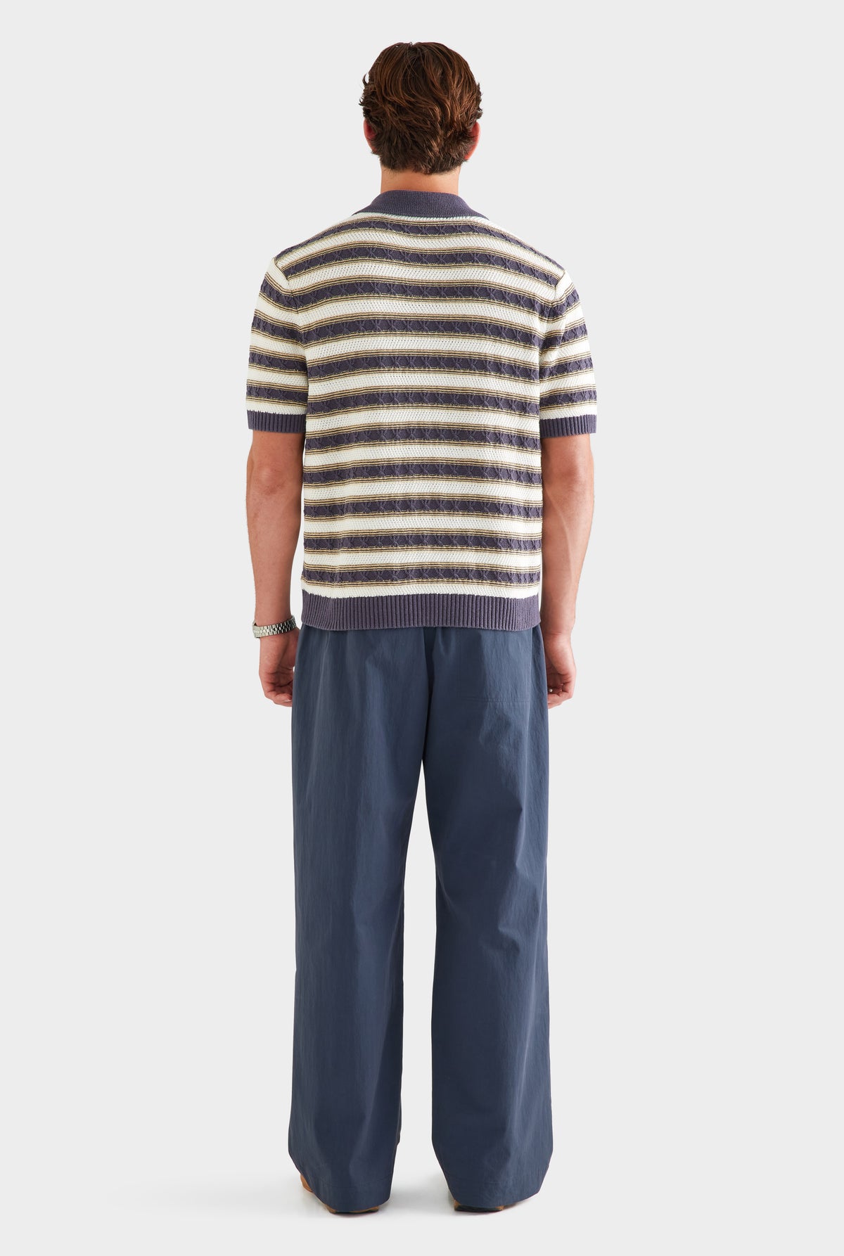 Textured Cotton Linen Knit Polo - Off White/Navy/Pale Yellow [[SU26 - MENS - D2 - 33093 - Textured Cotton Linen Knit Polo - Off White-Navy-Pale Yellow_0475.jpg]]