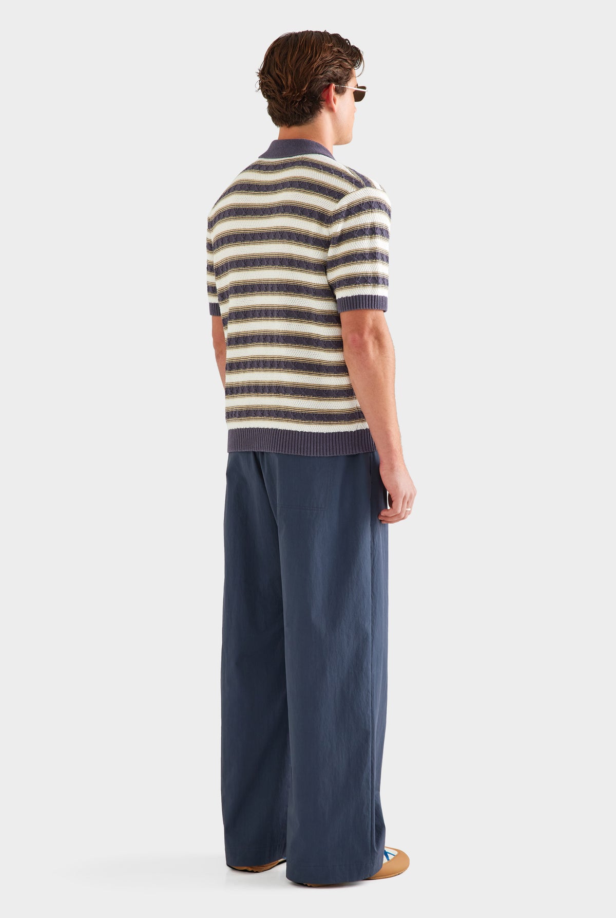 Textured Cotton Linen Knit Polo - Off White/Navy/Pale Yellow [[SU26 - MENS - D2 - 33093 - Textured Cotton Linen Knit Polo - Off White-Navy-Pale Yellow_0477.jpg]]