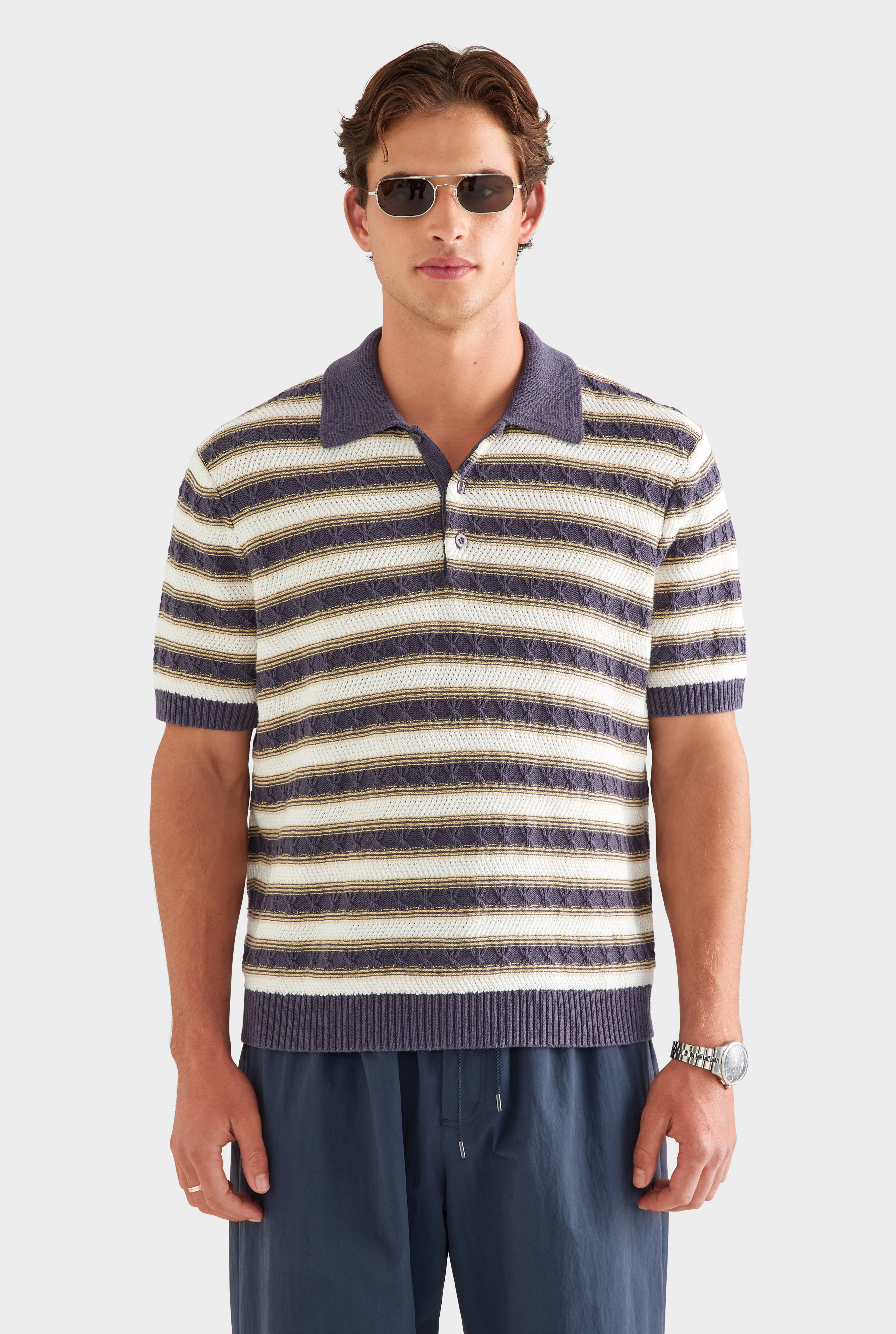 Textured Cotton Linen Knit Polo - Off White/Navy/Pale Yellow [[SU26 - MENS - D2 - 33093 - Textured Cotton Linen Knit Polo - Off White-Navy-Pale Yellow_0479.jpg]]