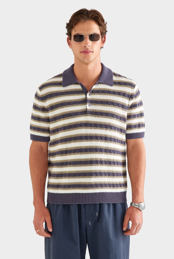 Textured Cotton Linen Knit Polo - Off White/Navy/Pale Yellow [[SU26 - MENS - D2 - 33093 - Textured Cotton Linen Knit Polo - Off White-Navy-Pale Yellow_0479.jpg]]