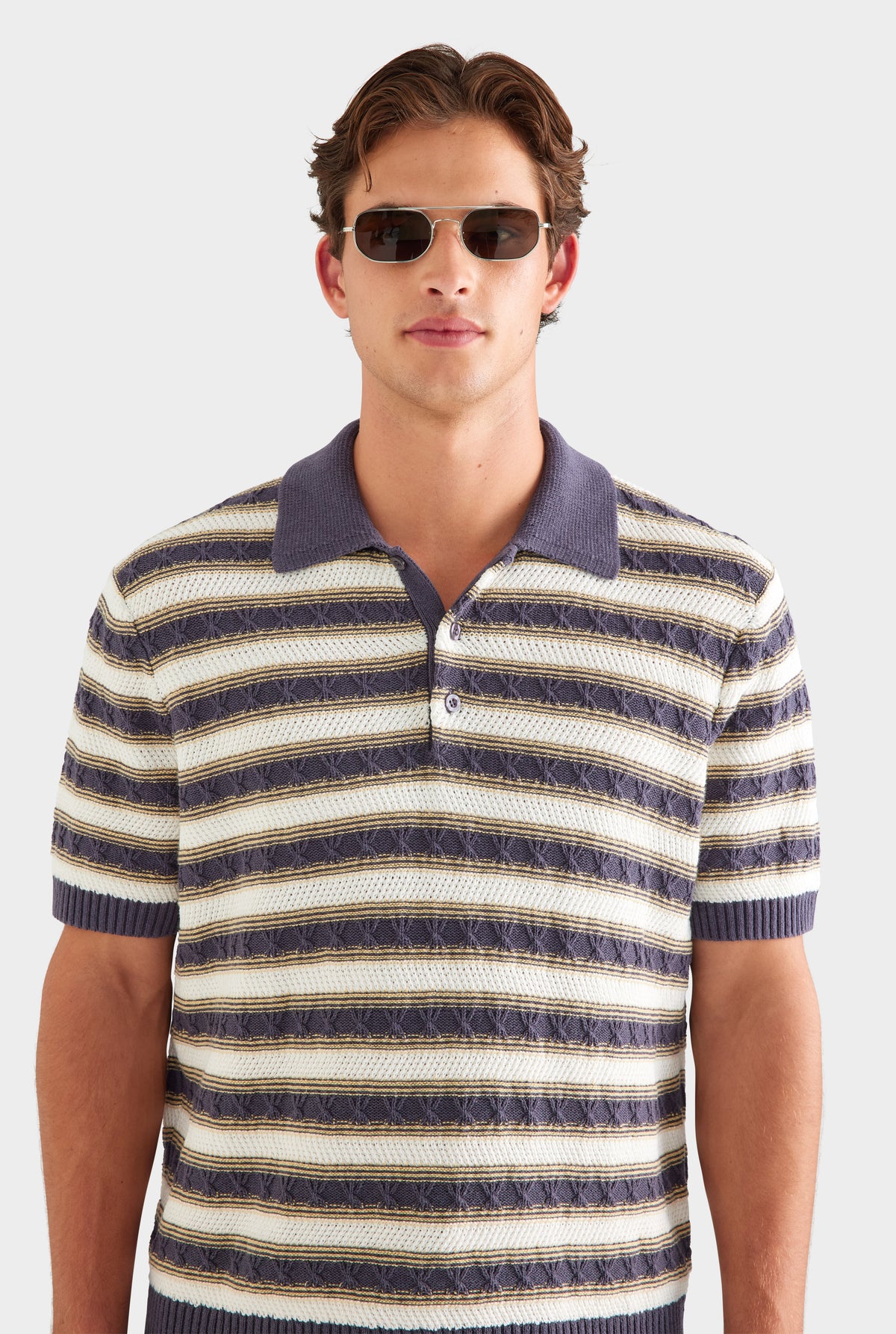 Textured Cotton Linen Knit Polo - Off White/Navy/Pale Yellow [[SU26 - MENS - D2 - 33093 - Textured Cotton Linen Knit Polo - Off White-Navy-Pale Yellow_0480.jpg]]