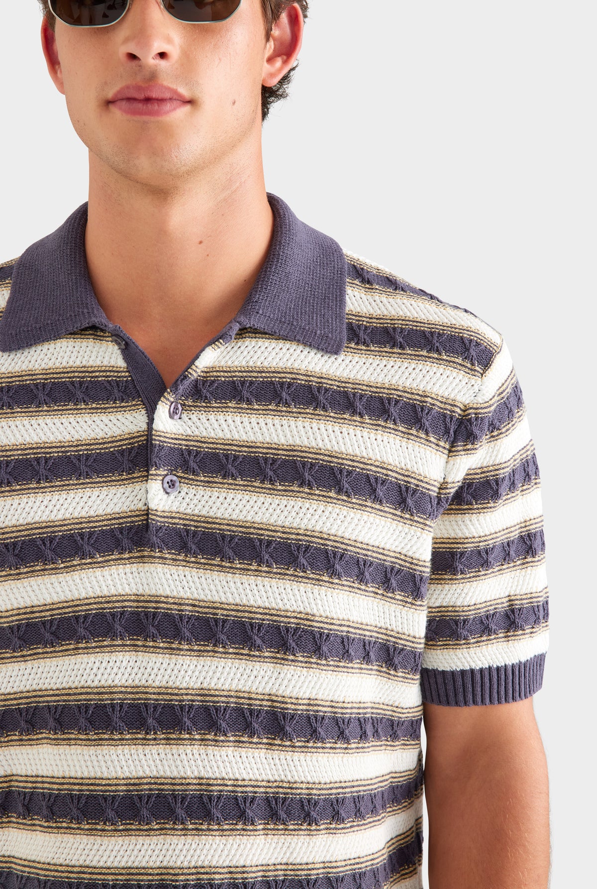 Textured Cotton Linen Knit Polo - Off White/Navy/Pale Yellow [[SU26 - MENS - D2 - 33093 - Textured Cotton Linen Knit Polo - Off White-Navy-Pale Yellow_0482.jpg]]