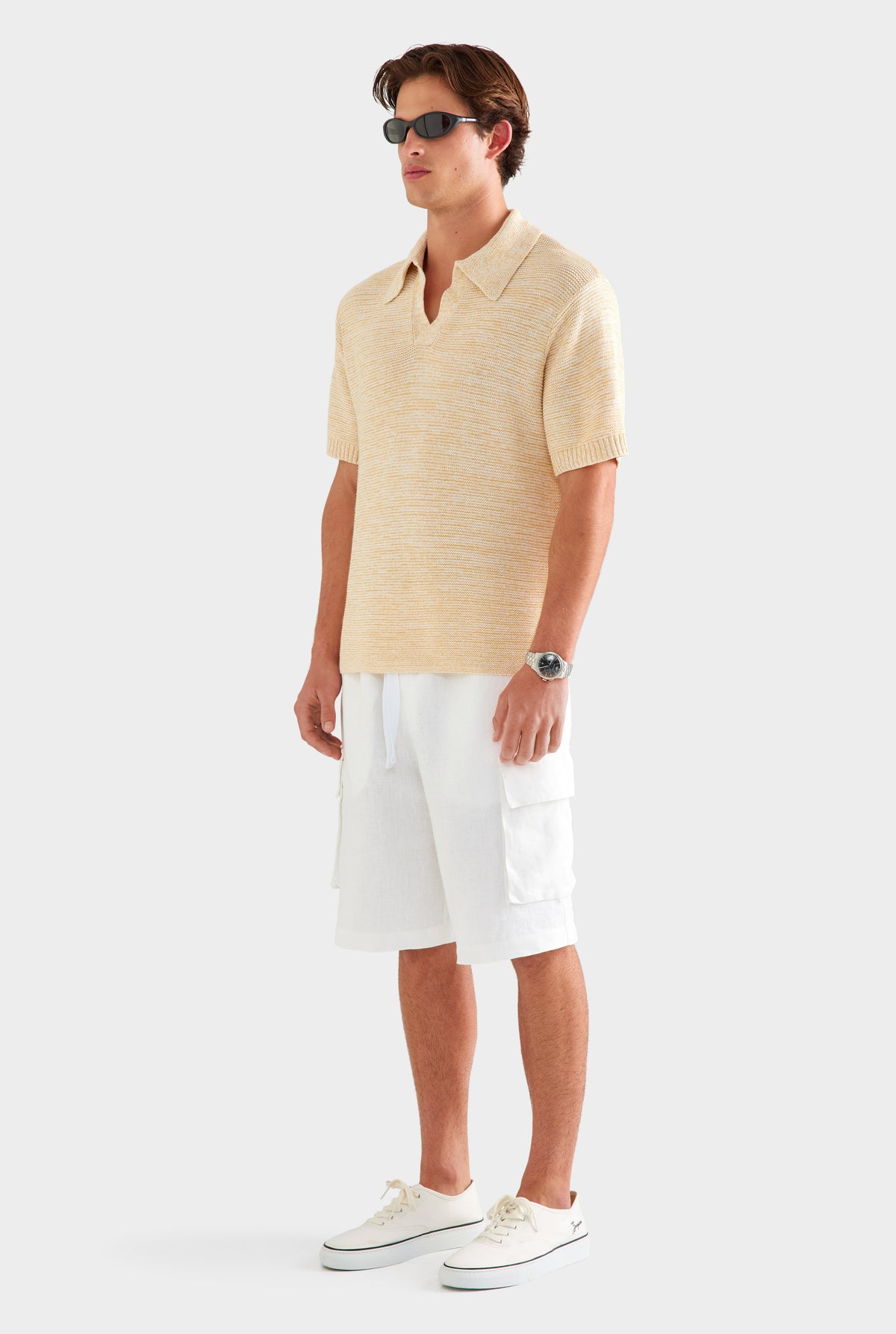 Marled Cotton Linen Polo - Pale Yellow/Off White [[SU26 - MENS - D2 - 33108 - Marled Cotton Linen Polo - Pale Yellow-Off White_0523.jpg]]