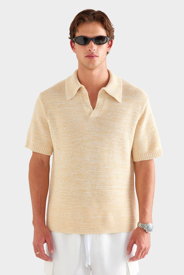 Marled Cotton Linen Polo - Pale Yellow/Off White [[SU26 - MENS - D2 - 33108 - Marled Cotton Linen Polo - Pale Yellow-Off White_0527.jpg]]