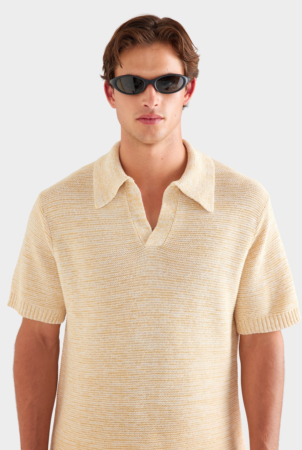 Marled Cotton Linen Polo - Pale Yellow/Off White [[SU26 - MENS - D2 - 33108 - Marled Cotton Linen Polo - Pale Yellow-Off White_0528.jpg]]