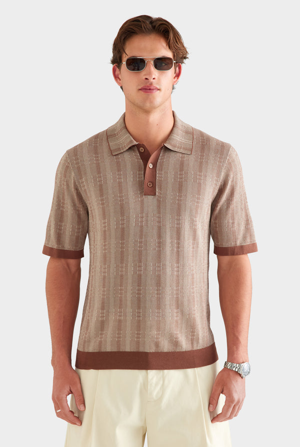 Geo Tencel Cotton Silk Polo - Coffee/Light Beige [[SU26 - MENS - D2 - 33117 - Geo Tencel Cotton Silk Polo - Coffee-Light Beige_0029.jpg]]