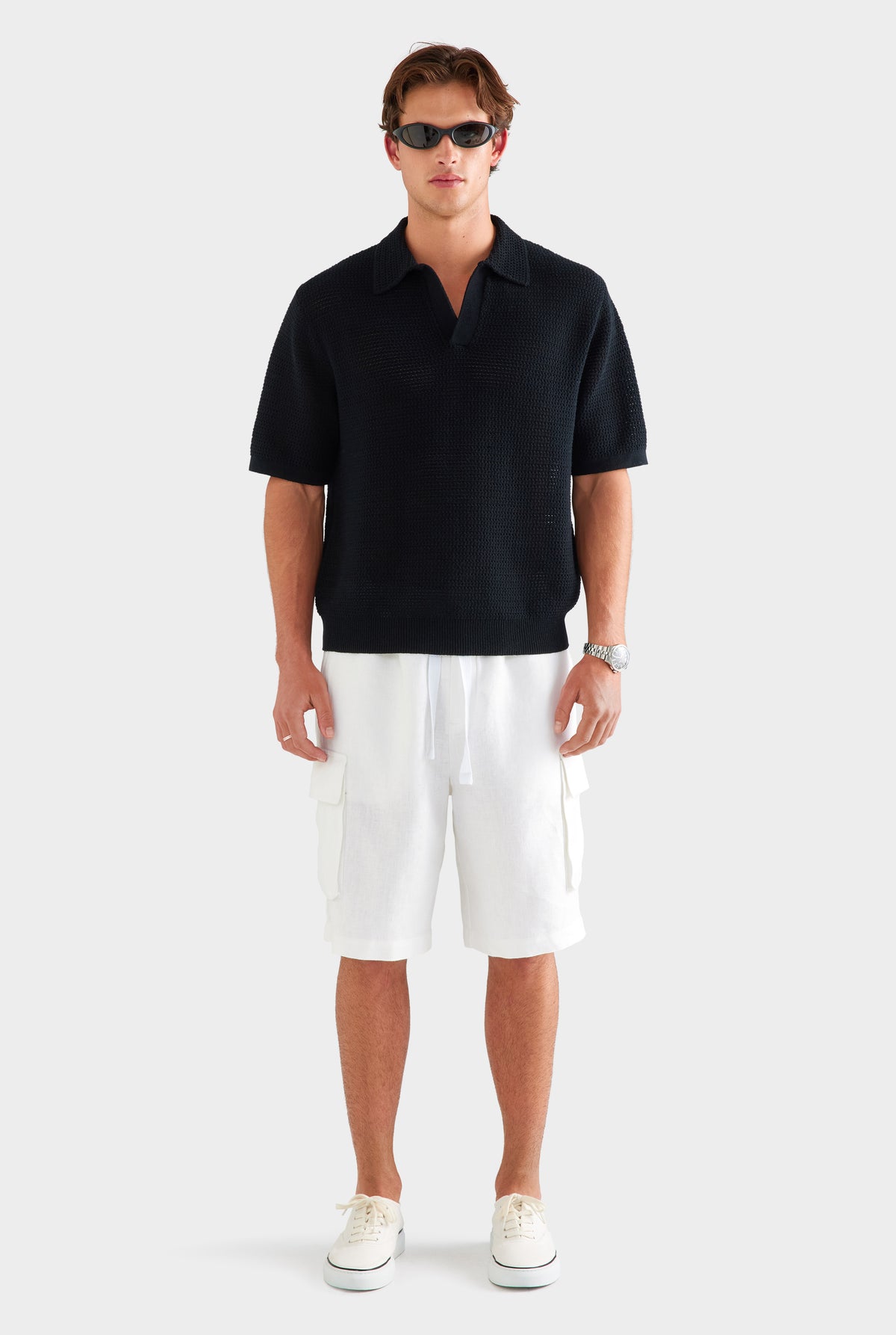 Chunky Crochet Cotton Knit Polo - Black [[SU26 - MENS - D2 - 33119 - Chunky Crochet Cotton Knit Polo -  Black - 34062 - Relaxed Linen Cargo Short - White_0531.jpg]]