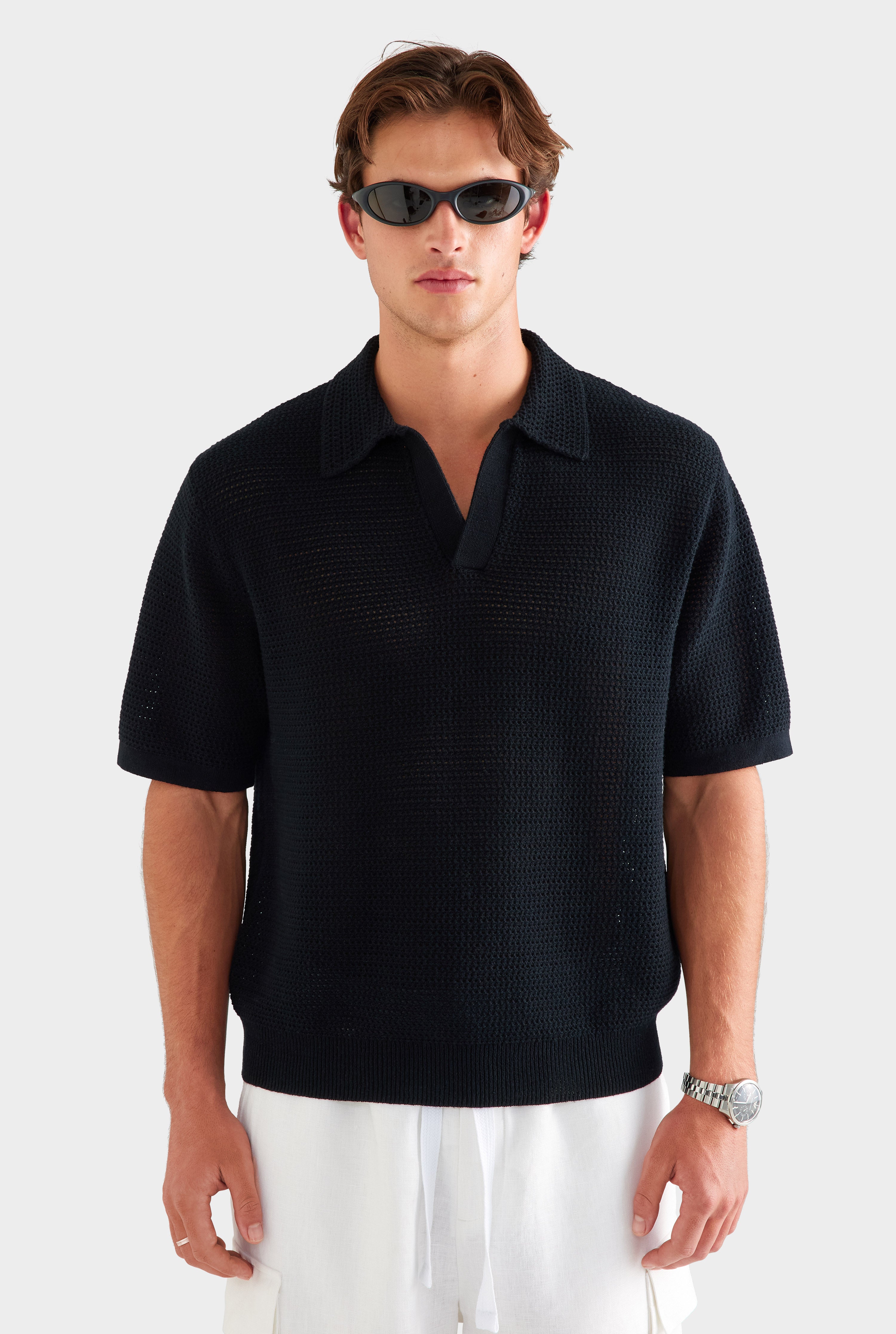 Chunky Crochet Cotton Knit Polo - Black [[SU26 - MENS - D2 - 33119 - Chunky Crochet Cotton Knit Polo -  Black - 34062 - Relaxed Linen Cargo Short - White_0532.jpg]]