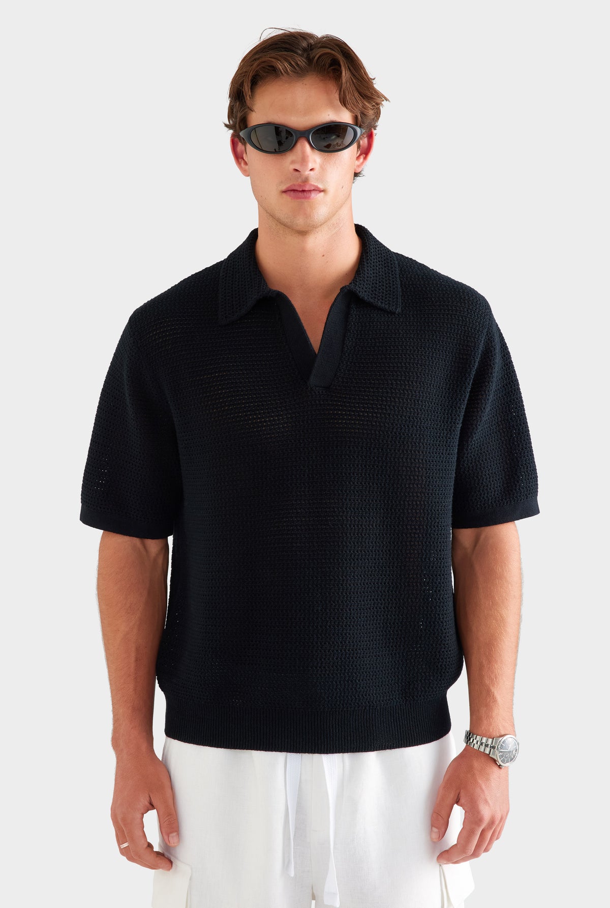 Chunky Crochet Cotton Knit Polo - Black [[SU26 - MENS - D2 - 33119 - Chunky Crochet Cotton Knit Polo -  Black - 34062 - Relaxed Linen Cargo Short - White_0532.jpg]]