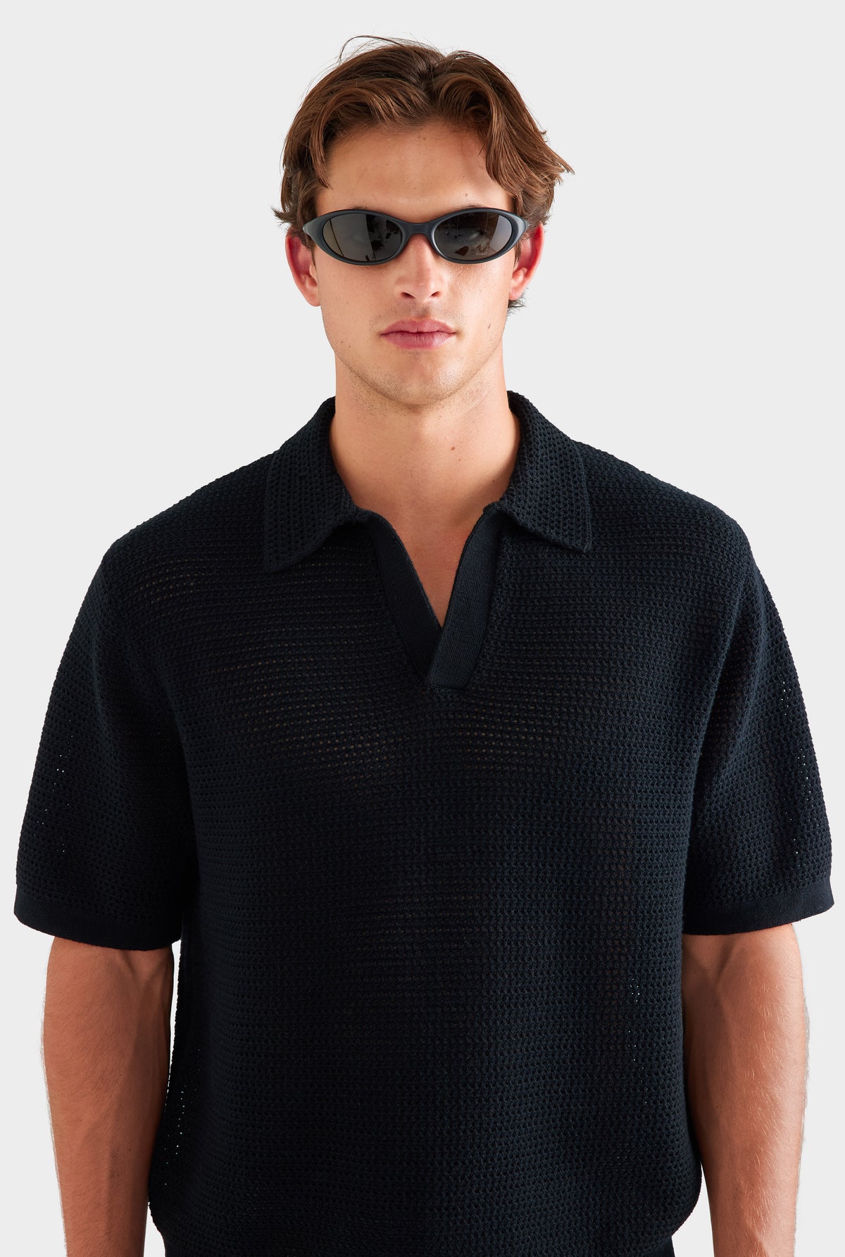 Chunky Crochet Cotton Knit Polo - Black [[SU26 - MENS - D2 - 33119 - Chunky Crochet Cotton Knit Polo -  Black - 34062 - Relaxed Linen Cargo Short - White_0533.jpg]]