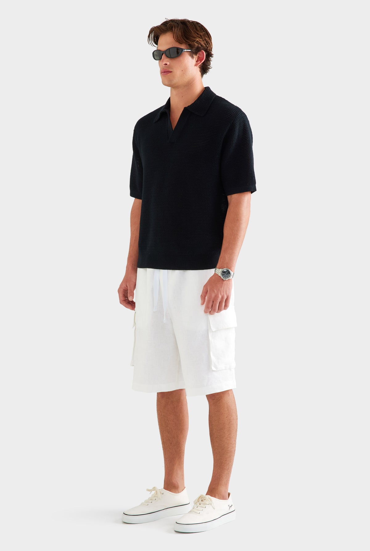 Chunky Crochet Cotton Knit Polo - Black [[SU26 - MENS - D2 - 33119 - Chunky Crochet Cotton Knit Polo -  Black - 34062 - Relaxed Linen Cargo Short - White_0536.jpg]]