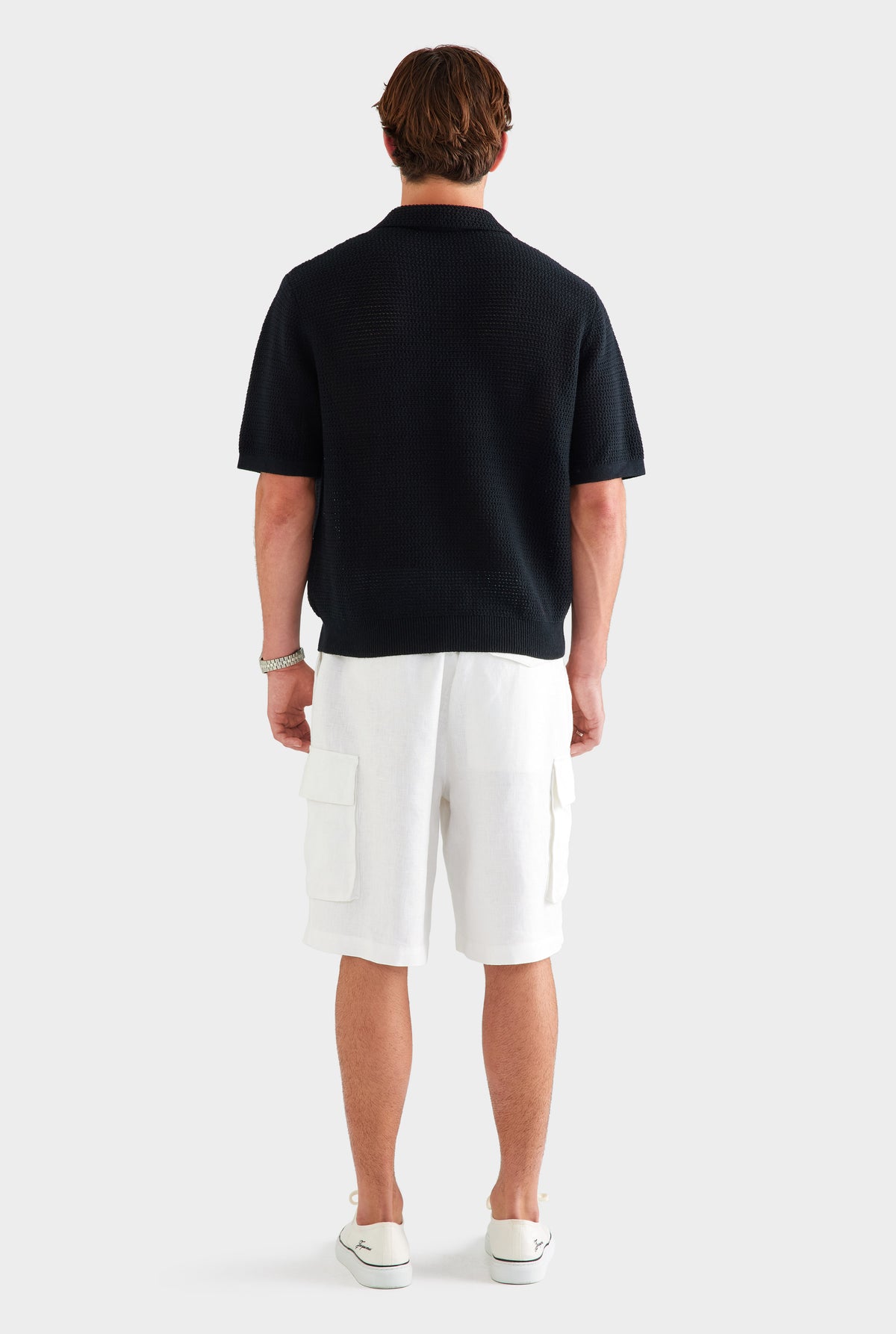 Chunky Crochet Cotton Knit Polo - Black [[SU26 - MENS - D2 - 33119 - Chunky Crochet Cotton Knit Polo -  Black - 34062 - Relaxed Linen Cargo Short - White_0538.jpg]]
