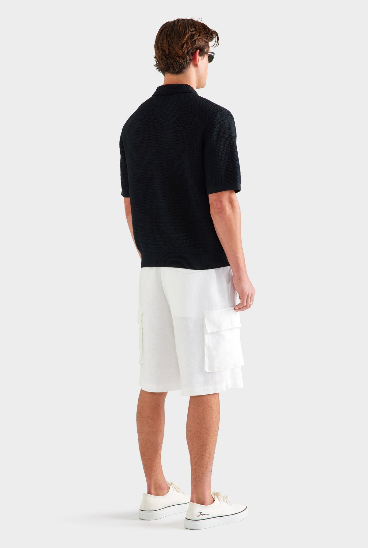 Chunky Crochet Cotton Knit Polo - Black [[SU26 - MENS - D2 - 33119 - Chunky Crochet Cotton Knit Polo -  Black - 34062 - Relaxed Linen Cargo Short - White_0539.jpg]]