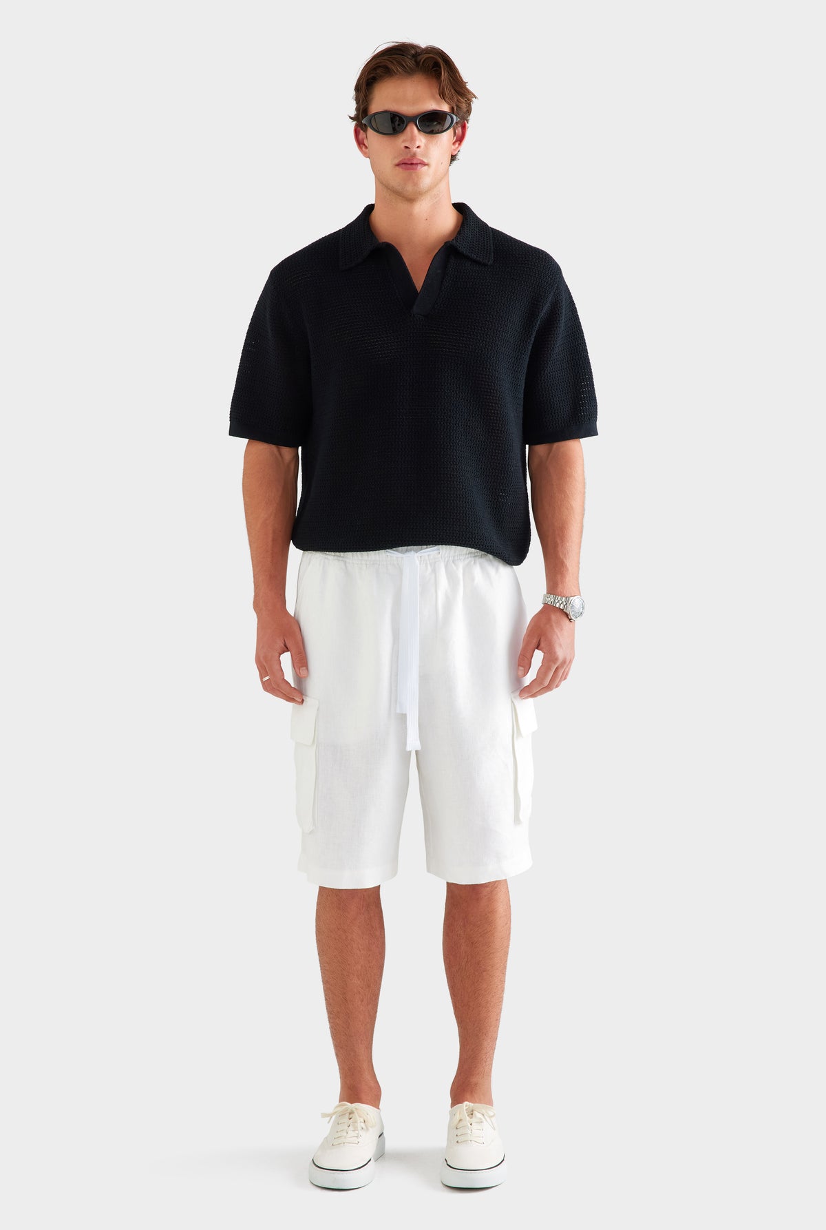 Relaxed Linen Cargo Short - White [[SU26 - MENS - D2 - 33119 - Chunky Crochet Cotton Knit Polo -  Black - 34062 - Relaxed Linen Cargo Short - White_0543.jpg]]