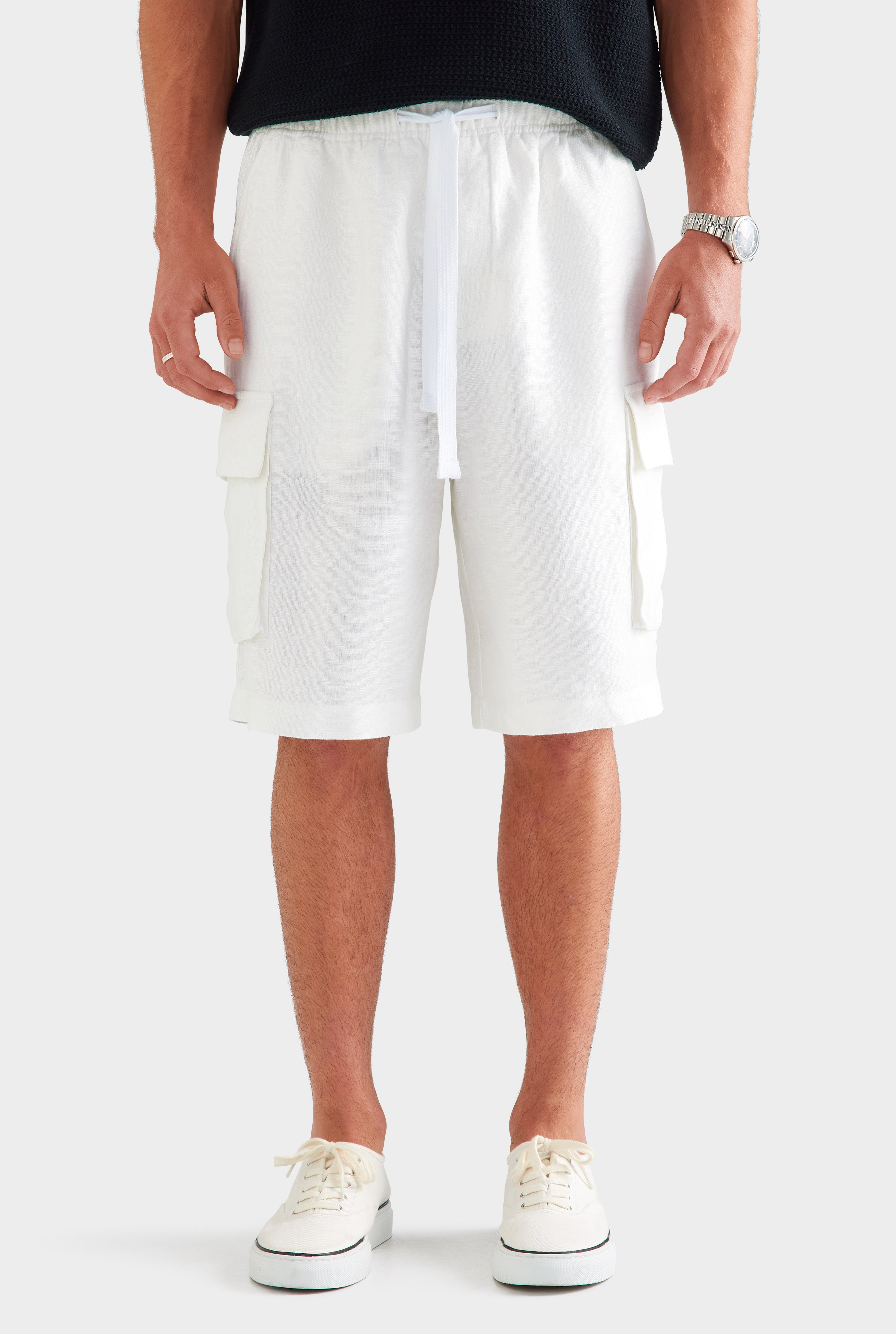 Relaxed Linen Cargo Short - White [[SU26 - MENS - D2 - 33119 - Chunky Crochet Cotton Knit Polo -  Black - 34062 - Relaxed Linen Cargo Short - White_0544.jpg]]