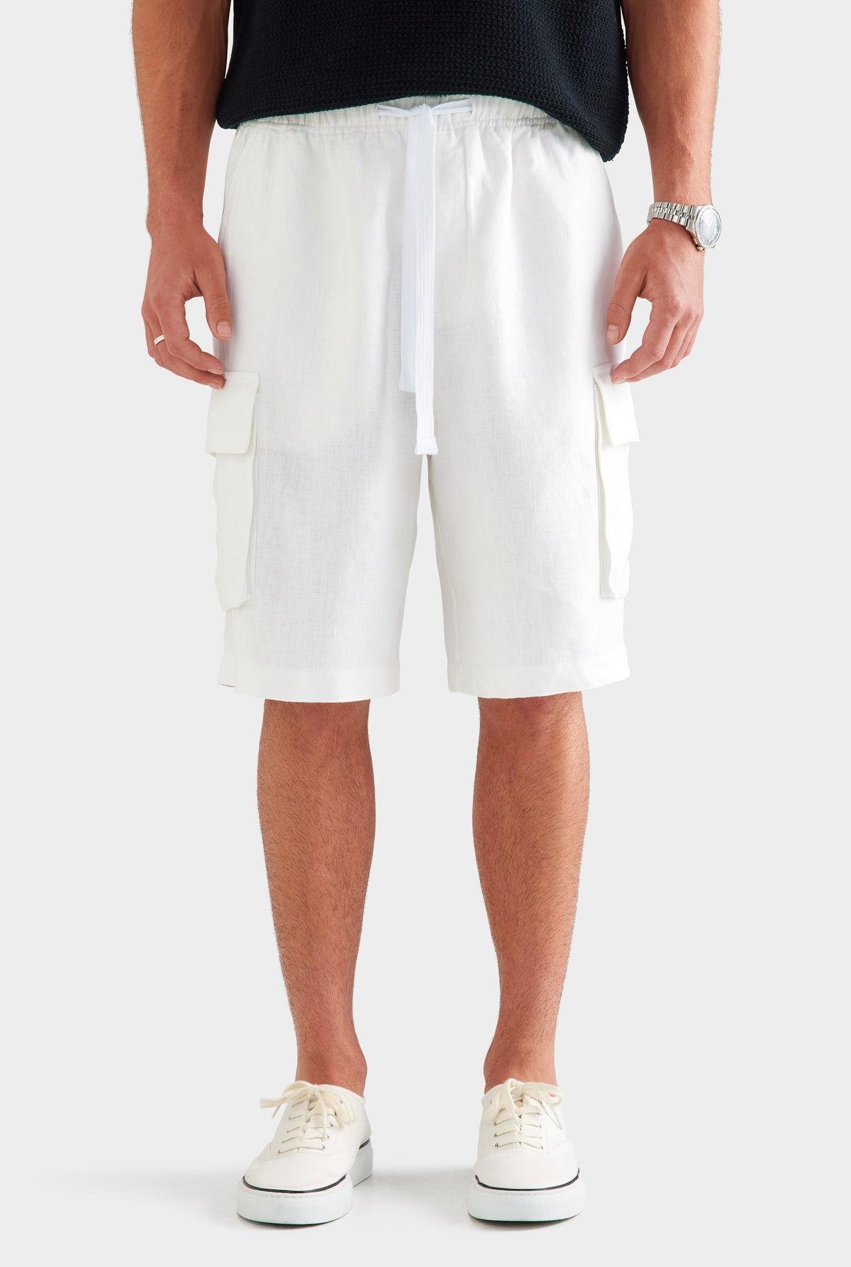 Relaxed Linen Cargo Short - White [[SU26 - MENS - D2 - 33119 - Chunky Crochet Cotton Knit Polo -  Black - 34062 - Relaxed Linen Cargo Short - White_0544.jpg]]