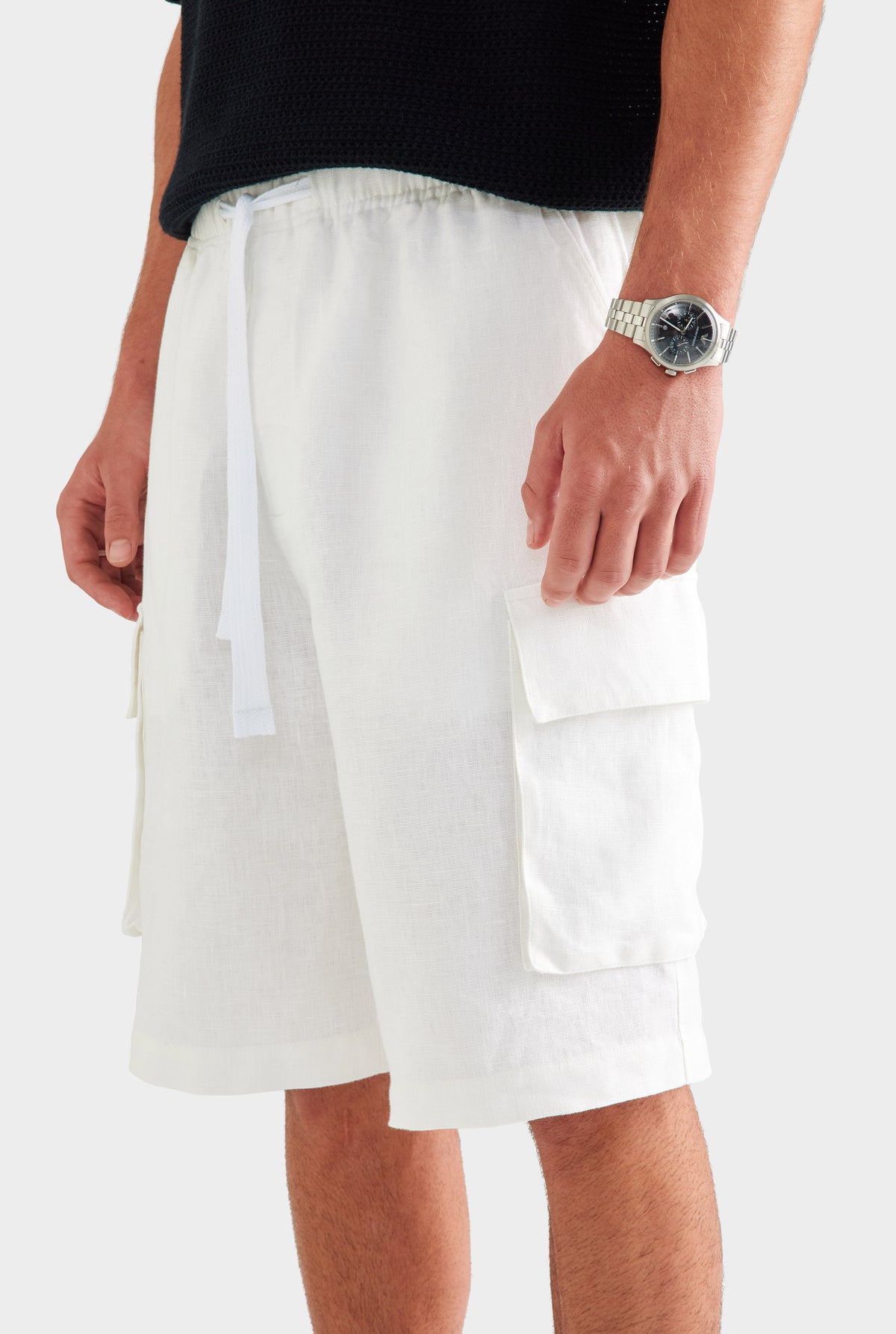 Relaxed Linen Cargo Short - White [[SU26 - MENS - D2 - 33119 - Chunky Crochet Cotton Knit Polo -  Black - 34062 - Relaxed Linen Cargo Short - White_0546.jpg]]