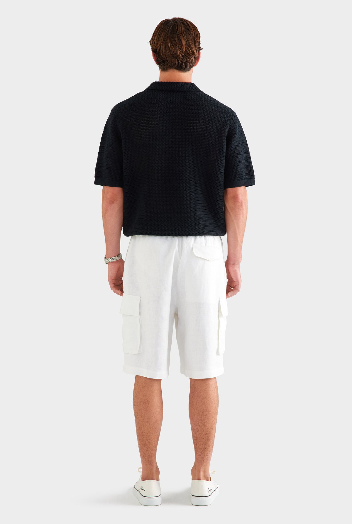 Relaxed Linen Cargo Short - White [[SU26 - MENS - D2 - 33119 - Chunky Crochet Cotton Knit Polo -  Black - 34062 - Relaxed Linen Cargo Short - White_0552.jpg]]
