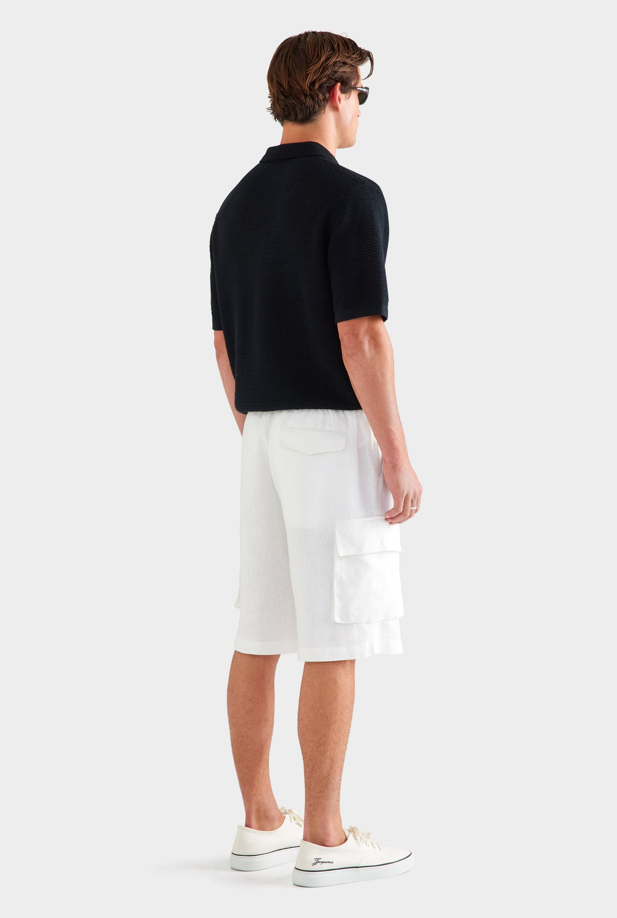Relaxed Linen Cargo Short - White [[SU26 - MENS - D2 - 33119 - Chunky Crochet Cotton Knit Polo -  Black - 34062 - Relaxed Linen Cargo Short - White_0553.jpg]]
